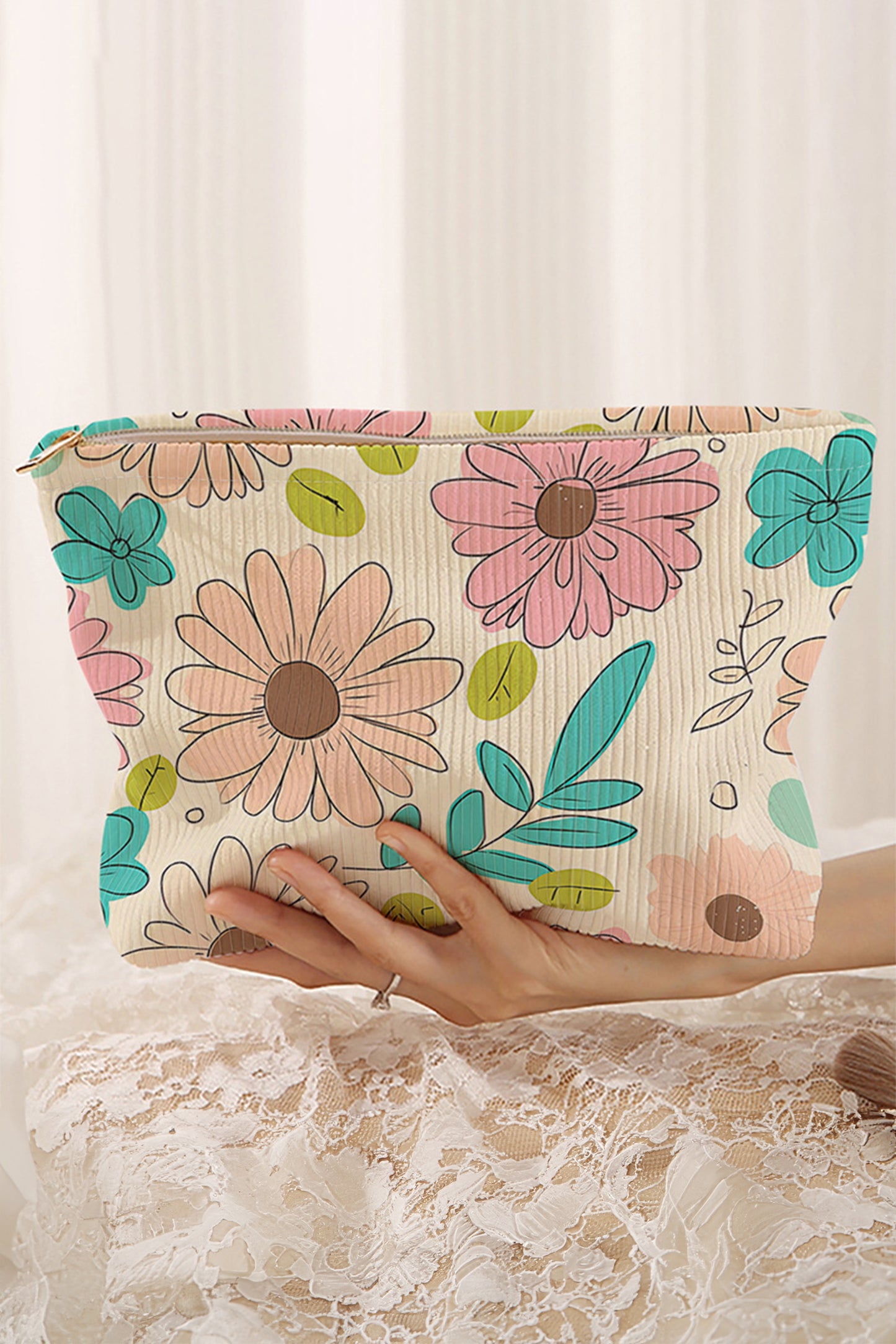 White Floral Print Corduroy Makeup Bag
