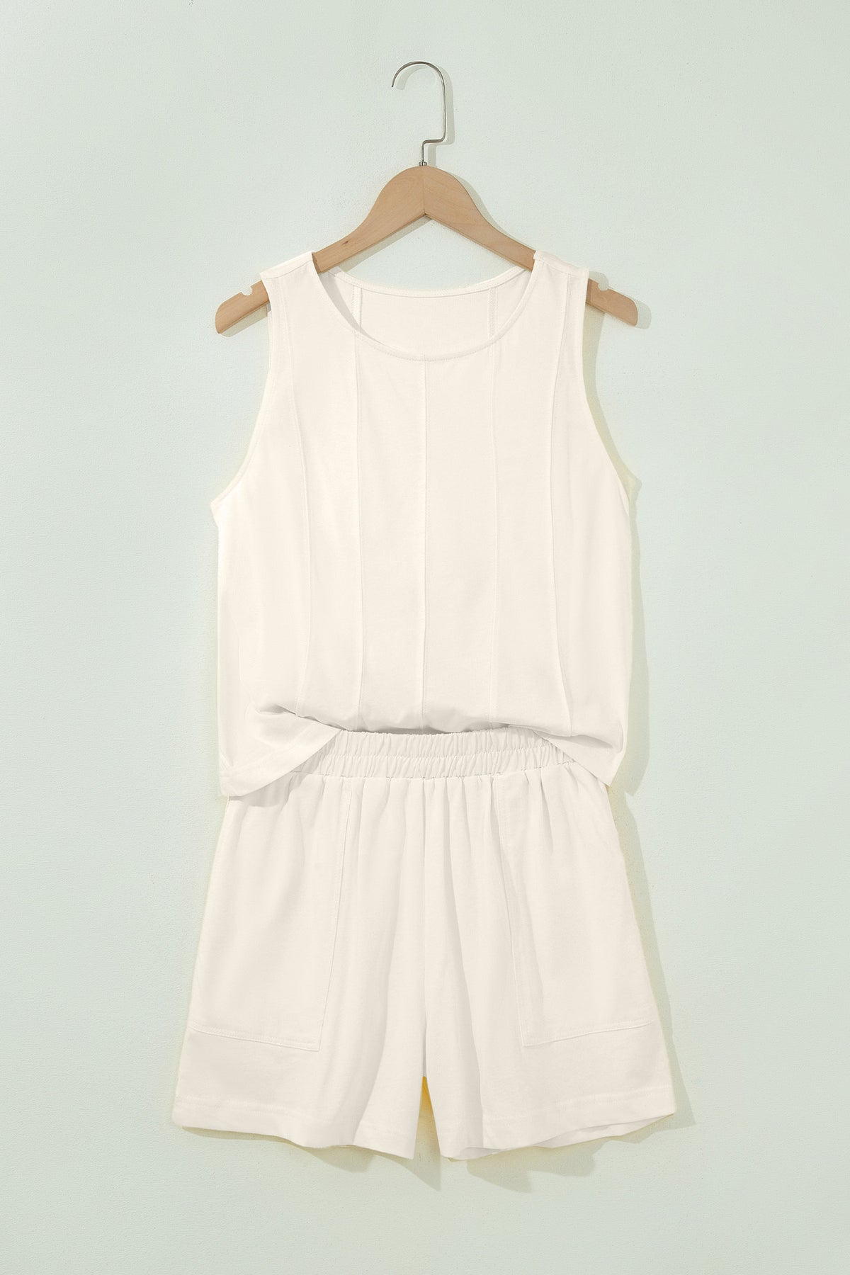 Beige Stitched Detail Loose Tank Top Cotton 2pcs Short Set