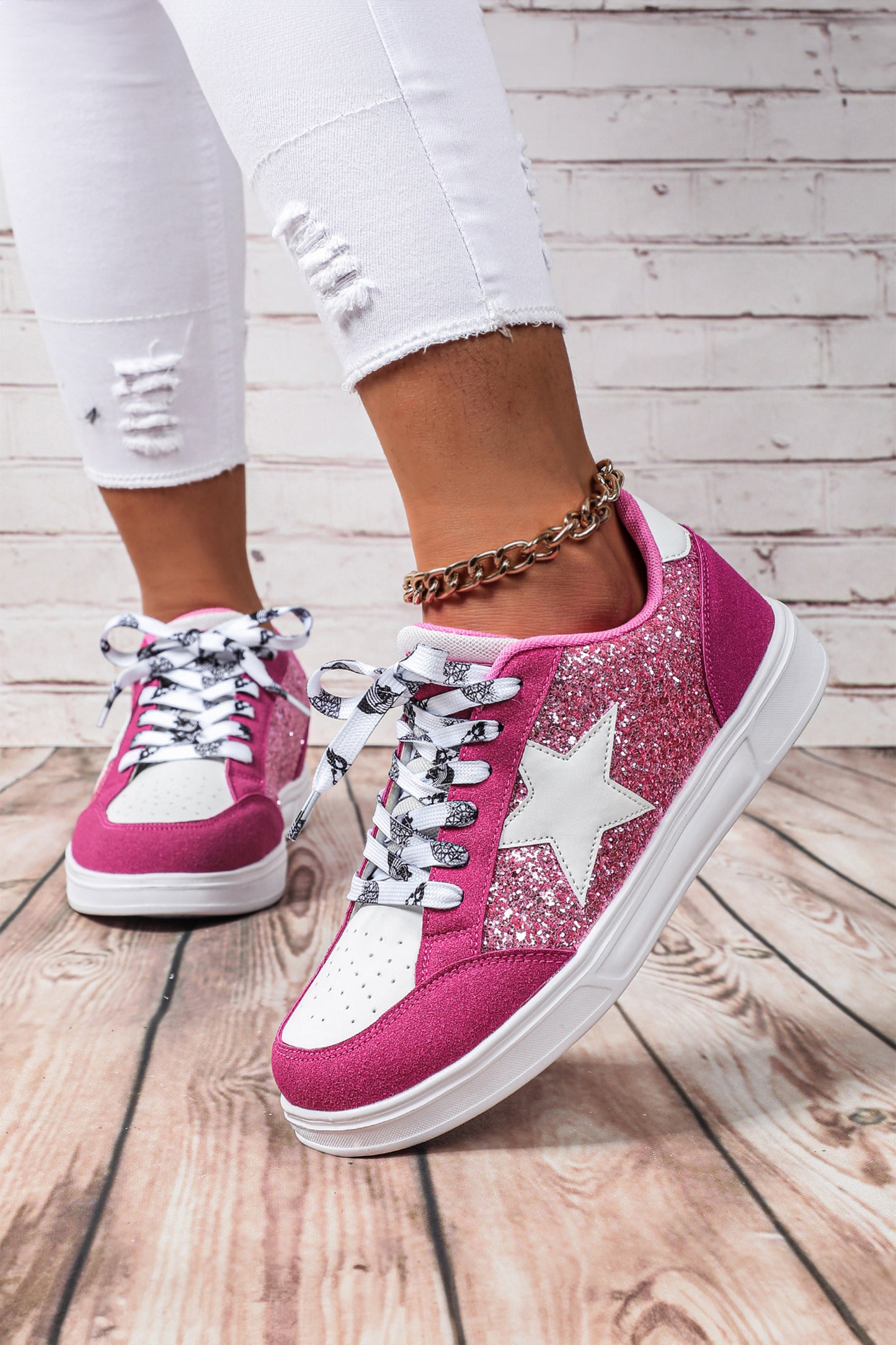 Rose Red Stylish Color Block Glitter Star Patchwork Lace-up Flat Shoes