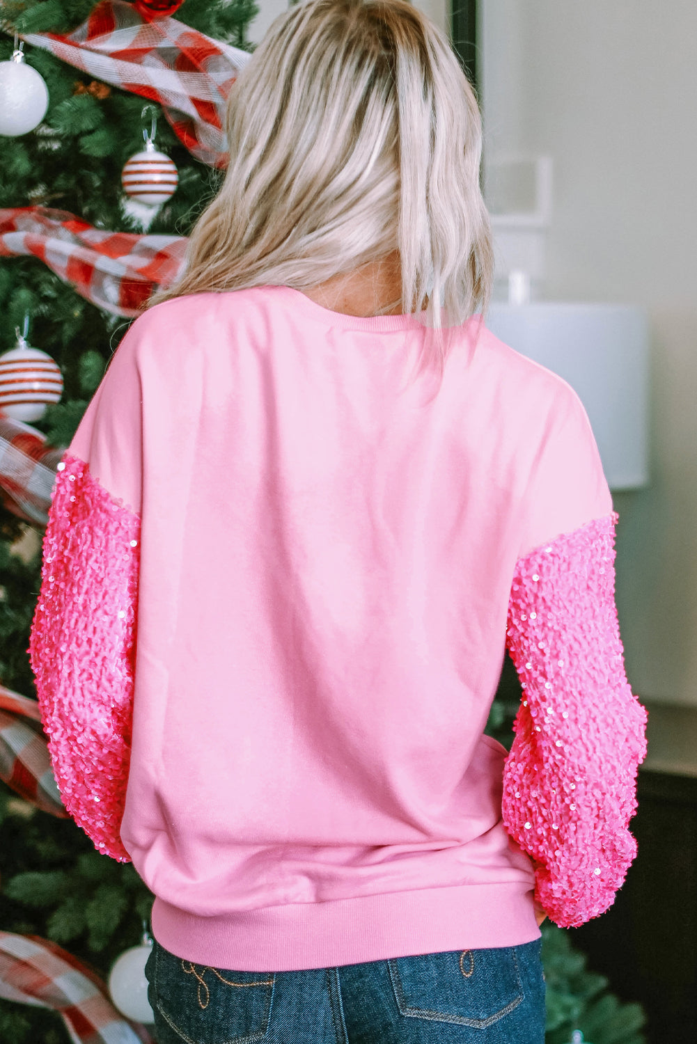 Orchid Petal Sequin Patchwork Long Sleeve Pullover Top