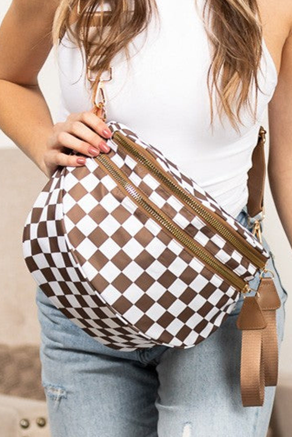 Bright Pink Checkered Print Wide Strap Large Crossbody Bag