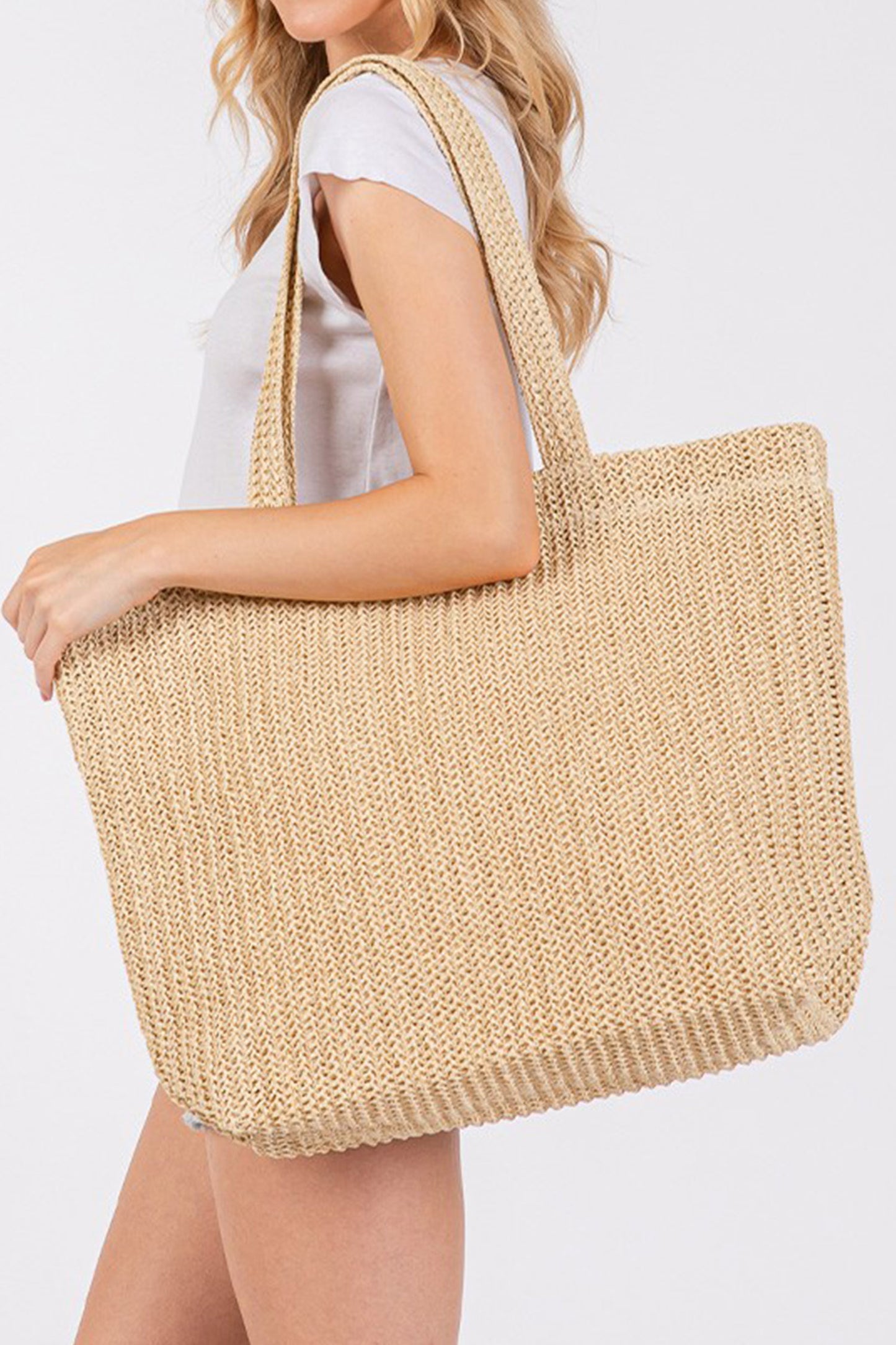 Camel Solid Color Straw Woven Summer Beach Tote Bag
