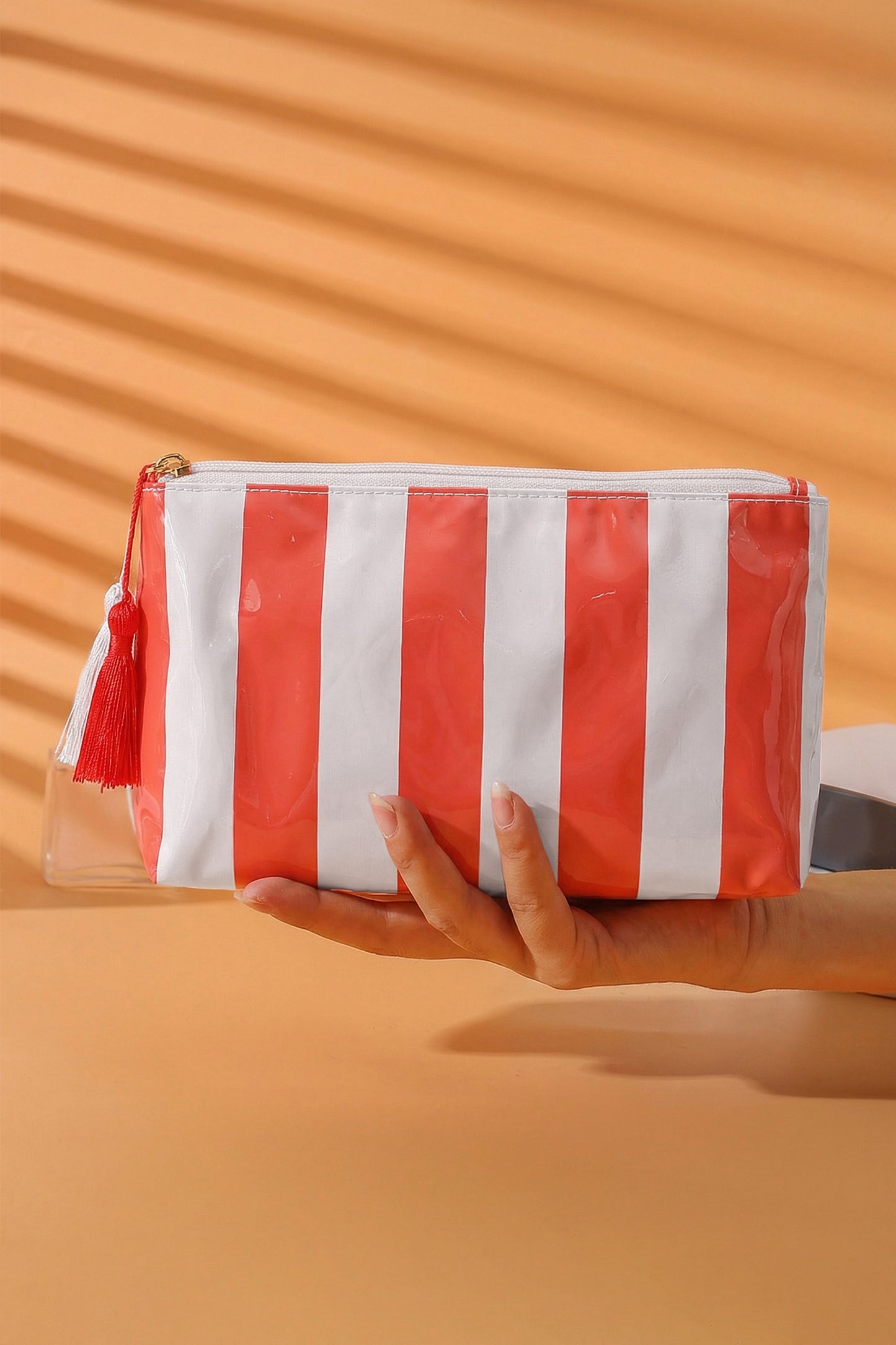 Red Checkered Vinyl Waterproof Tassel Zipper Makeup Bag