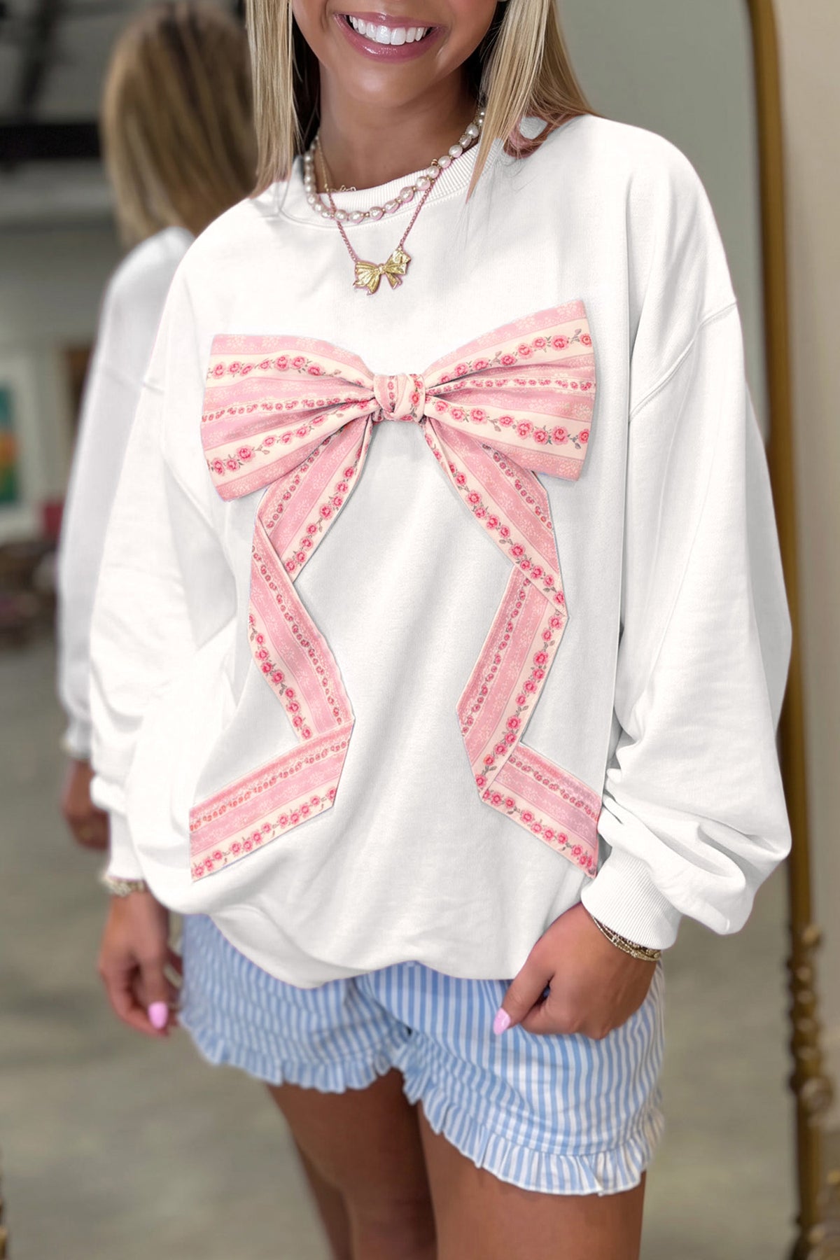 Pink Floral Bow Decoration Drop Shoulder Long Sleeve Top