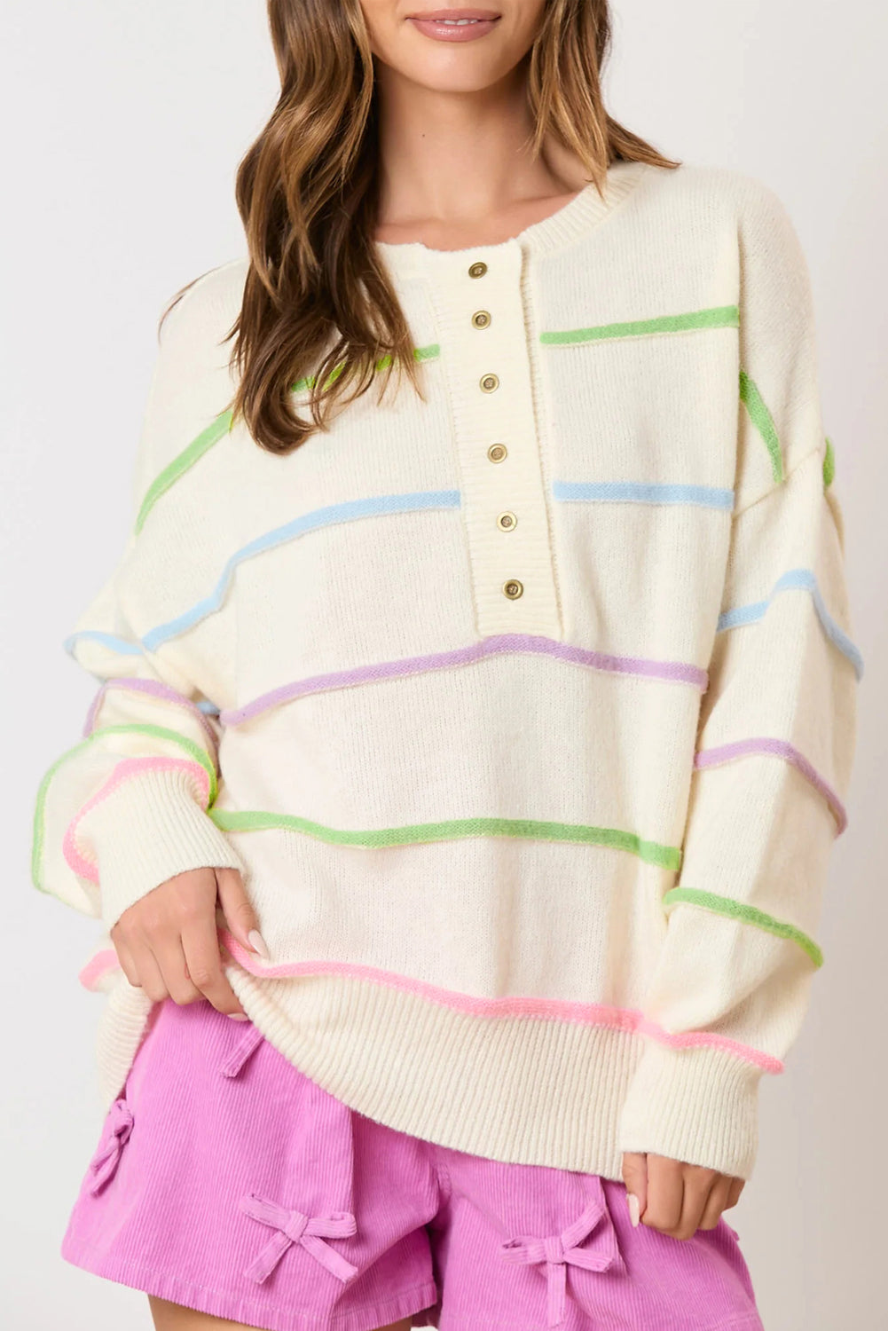 Pink Rainbow Stripes Drop Shoulder Baggy Henley Sweater