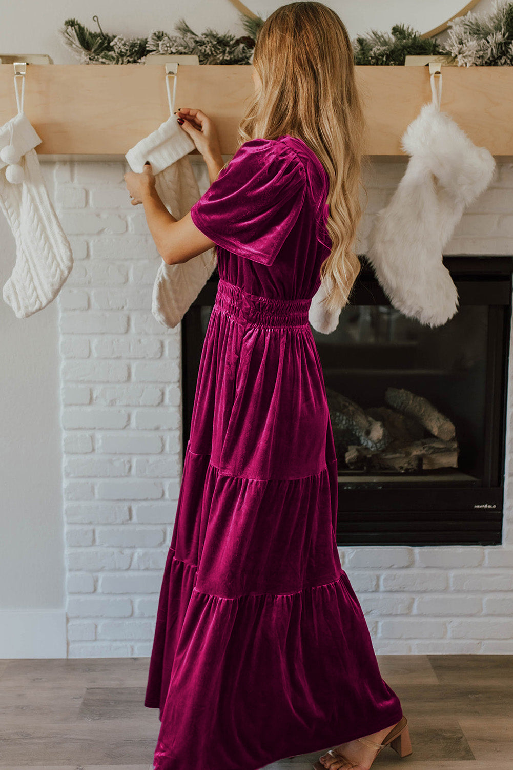 Evergreen Velvet Short Sleeve Shirred Waist Tiered Maxi Dress