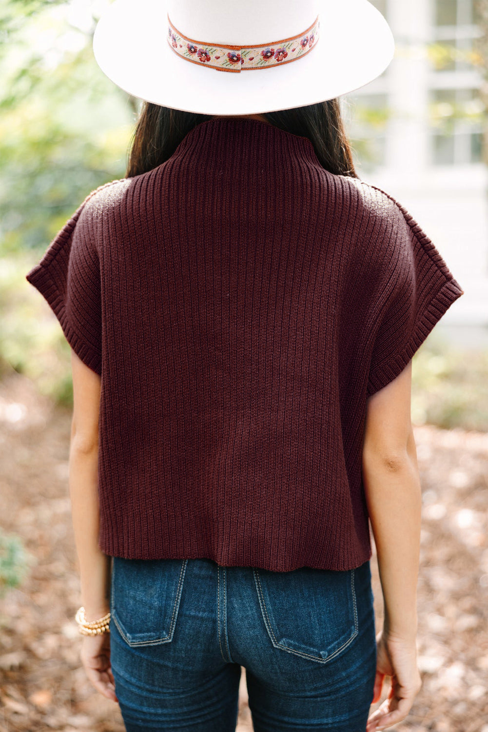 Rose Red Patch Pocket Ribbed Knit Short Sleeve Sweater