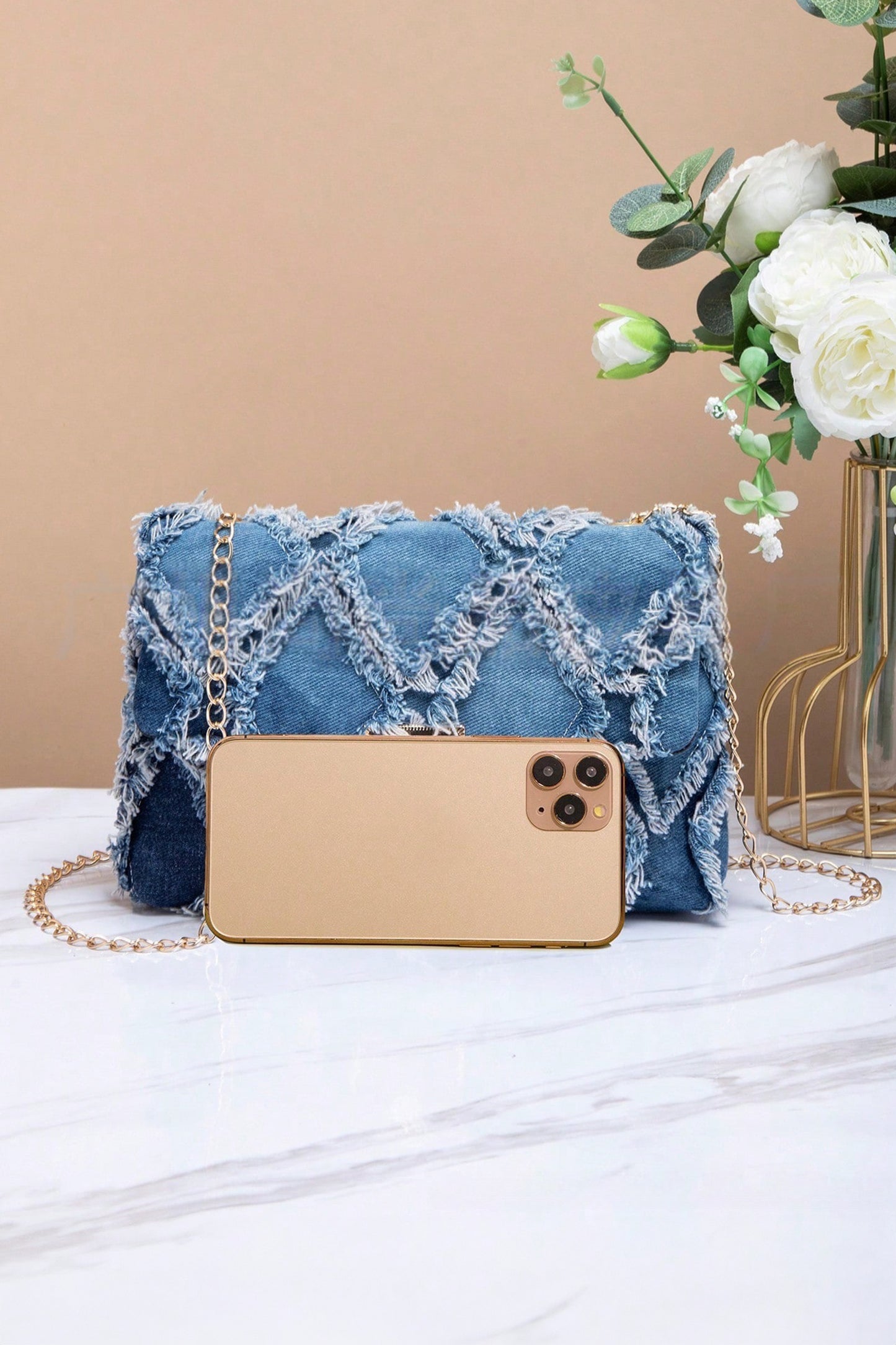 Blue Distressed Lattice Denim Chain Strap Shoulder Bag