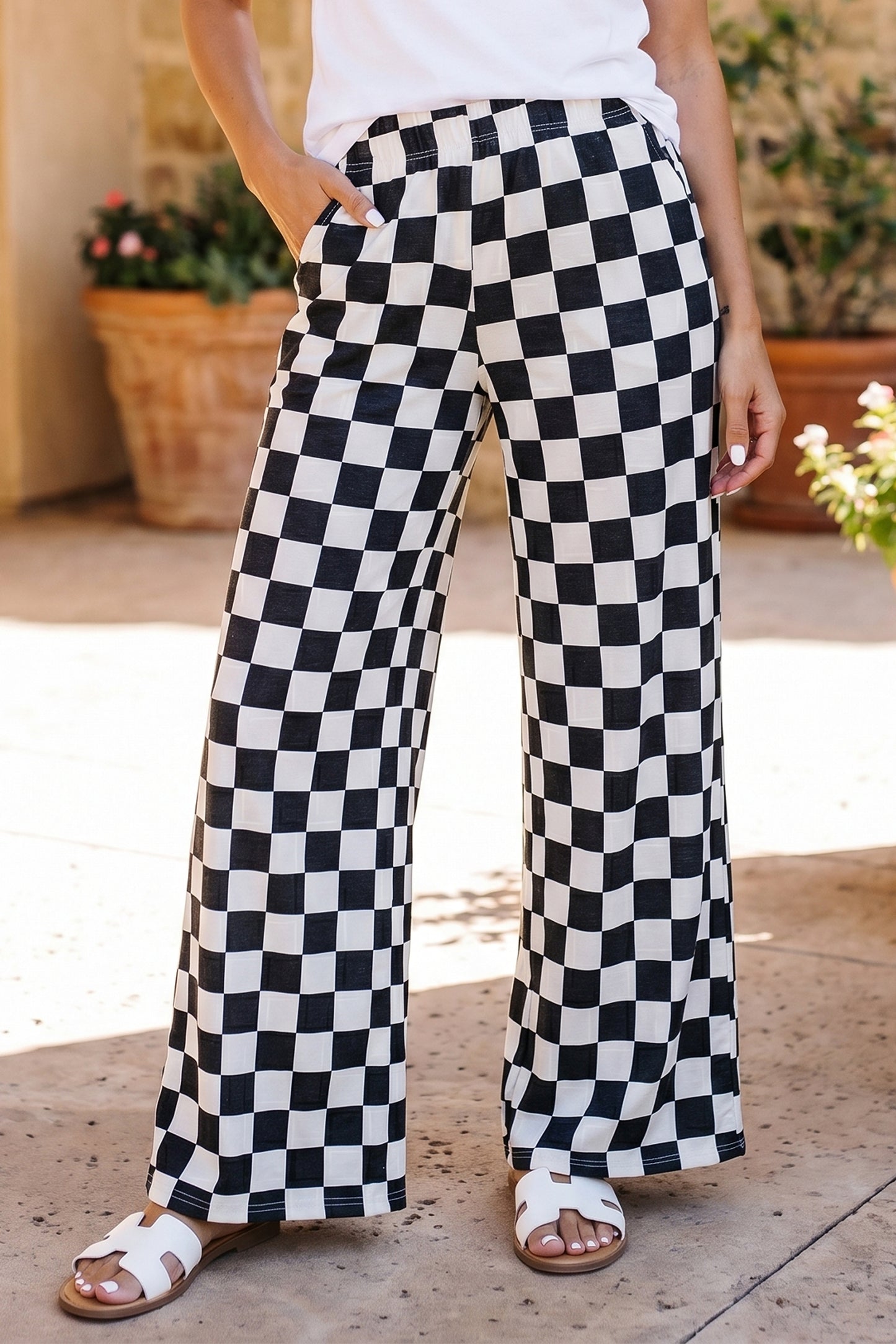 Bonbon 2-Tone Checked Print High Waist Wide Leg Pants