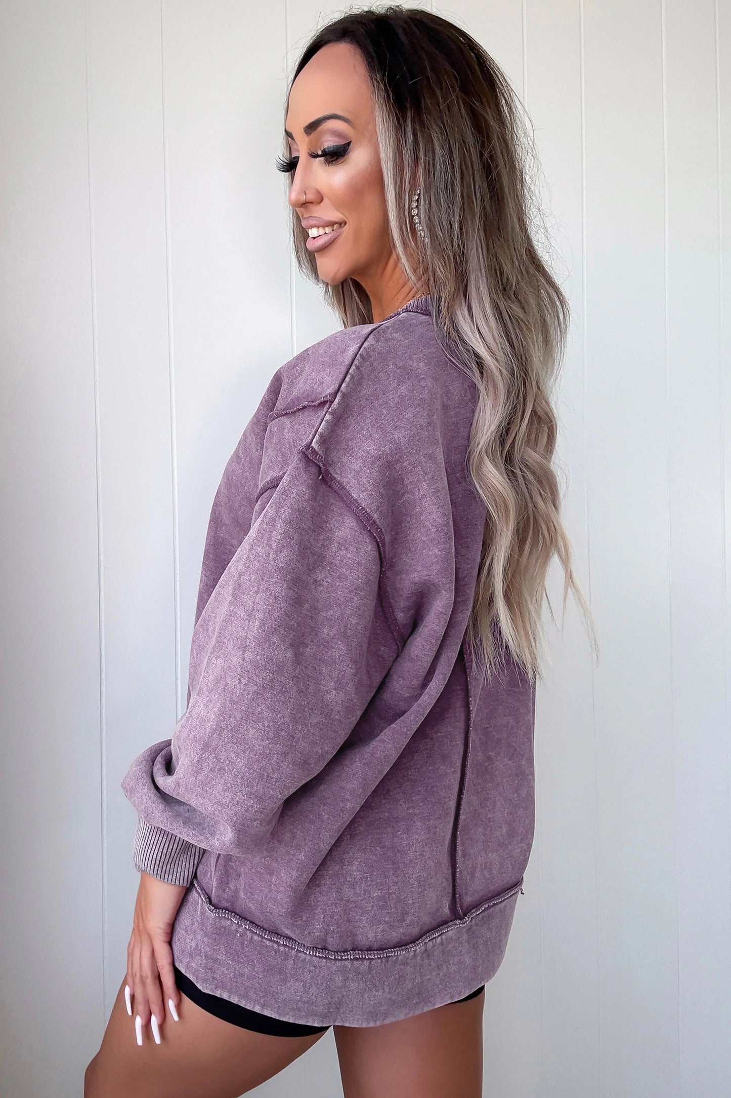 Rose Red Mineral Wash Exposed Seam Side Slit Sweatshirt