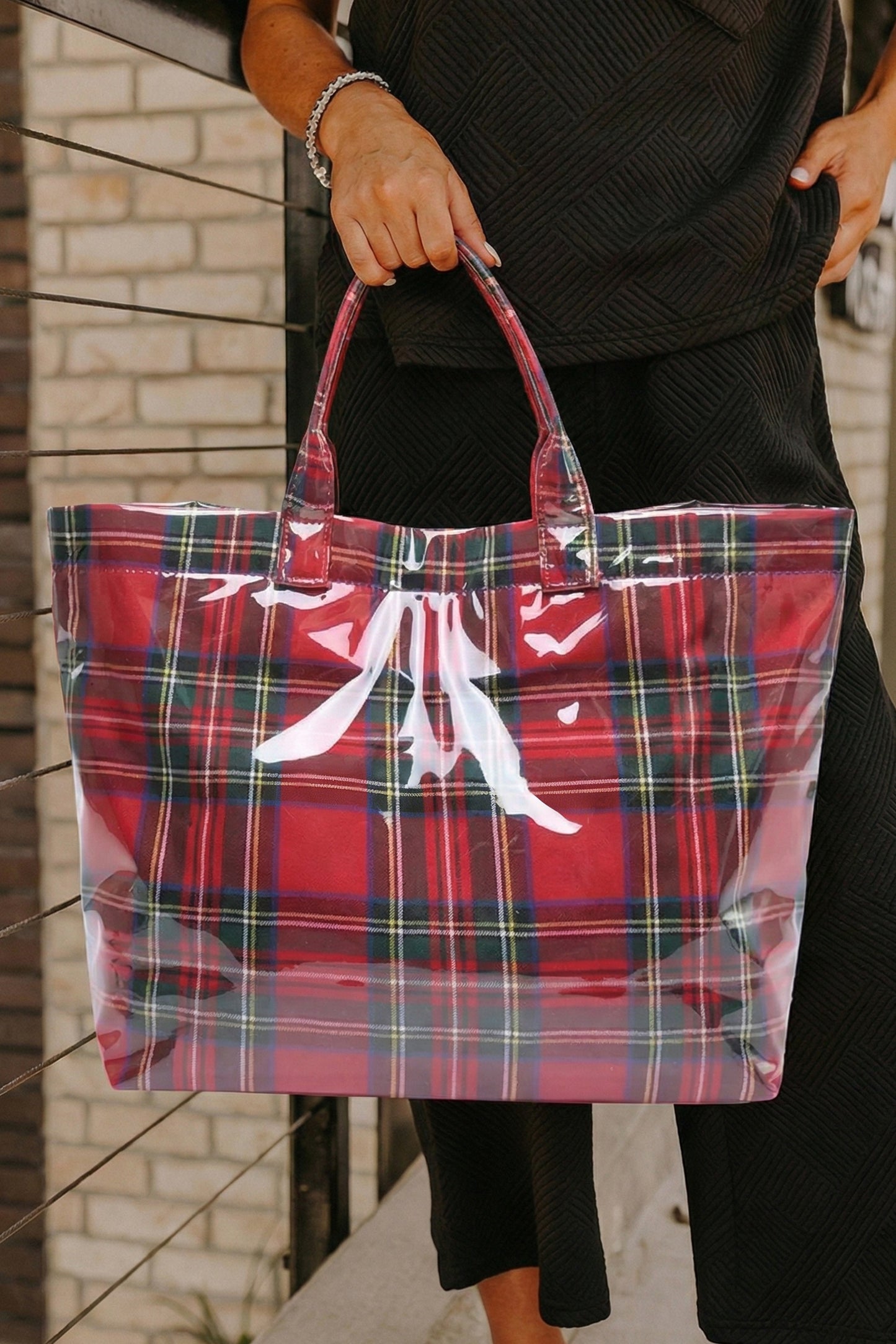 Fiery Red Plaid Pattern PVC Glossy Waterproof Tote Bag