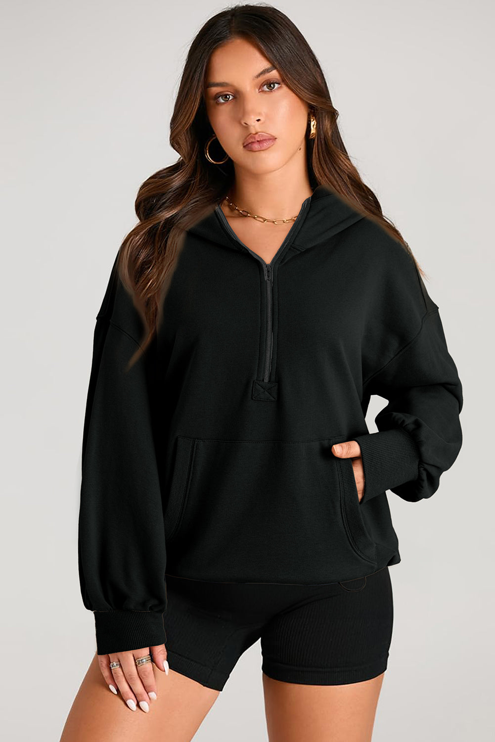 Valerian Solid Kangaroo Pocket Half Zipper Oversized Hoodie