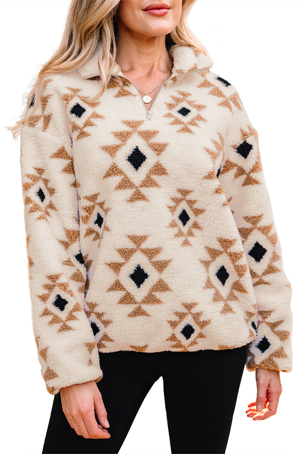 Khaki Aztec Print Sherpa Quarter Zip Collar Sweatshirt
