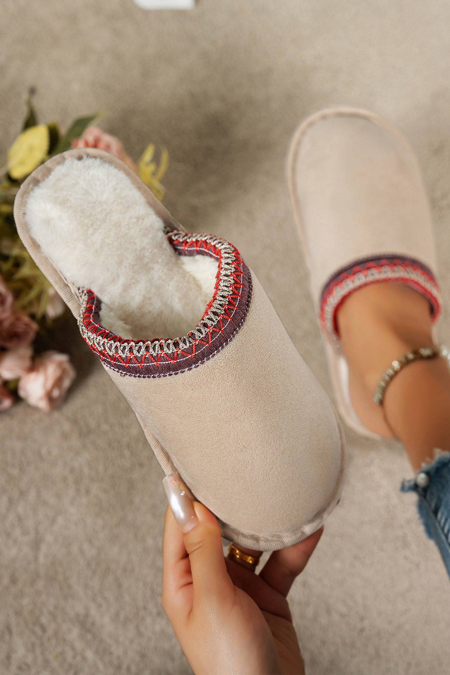 Gray Faux Suede Plush Liner Contrast Embroidered Detail Winter Slippers