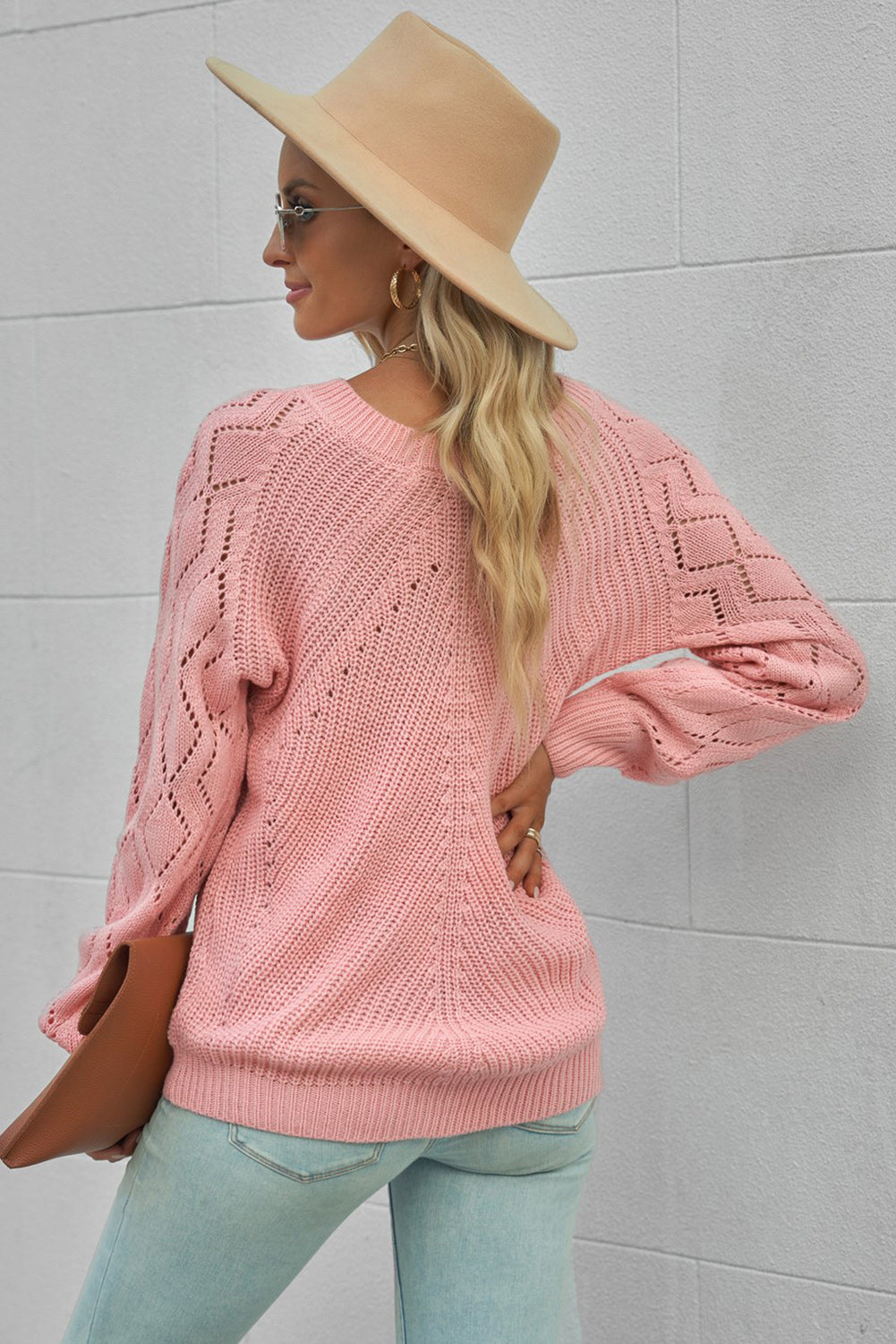 Beige Hollow-out Puffy Sleeve Knit Sweater