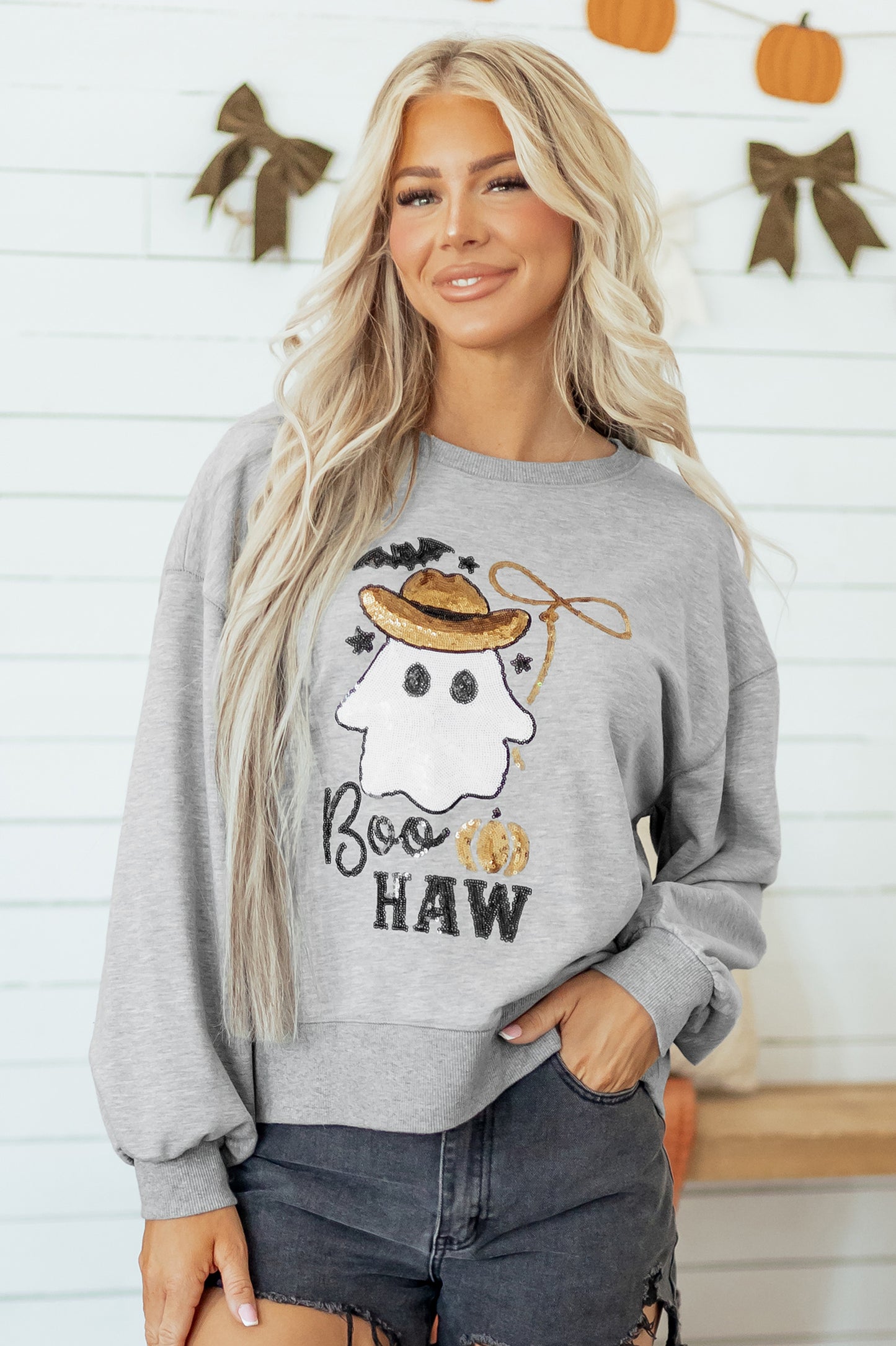 Medium Grey Sequin Western Ghost Print Long Sleeve Round Neck Sweatshirt