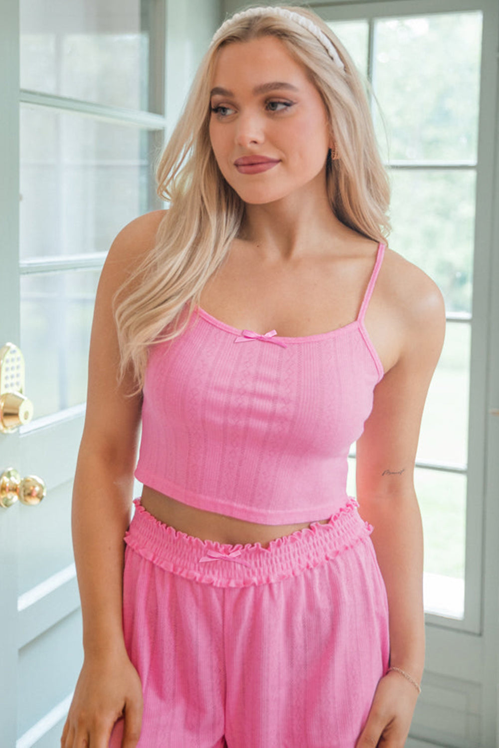 Orchid Petal Delicate Texture Cropped Cami Shorts and Cardigan 3pcs Lounge Set