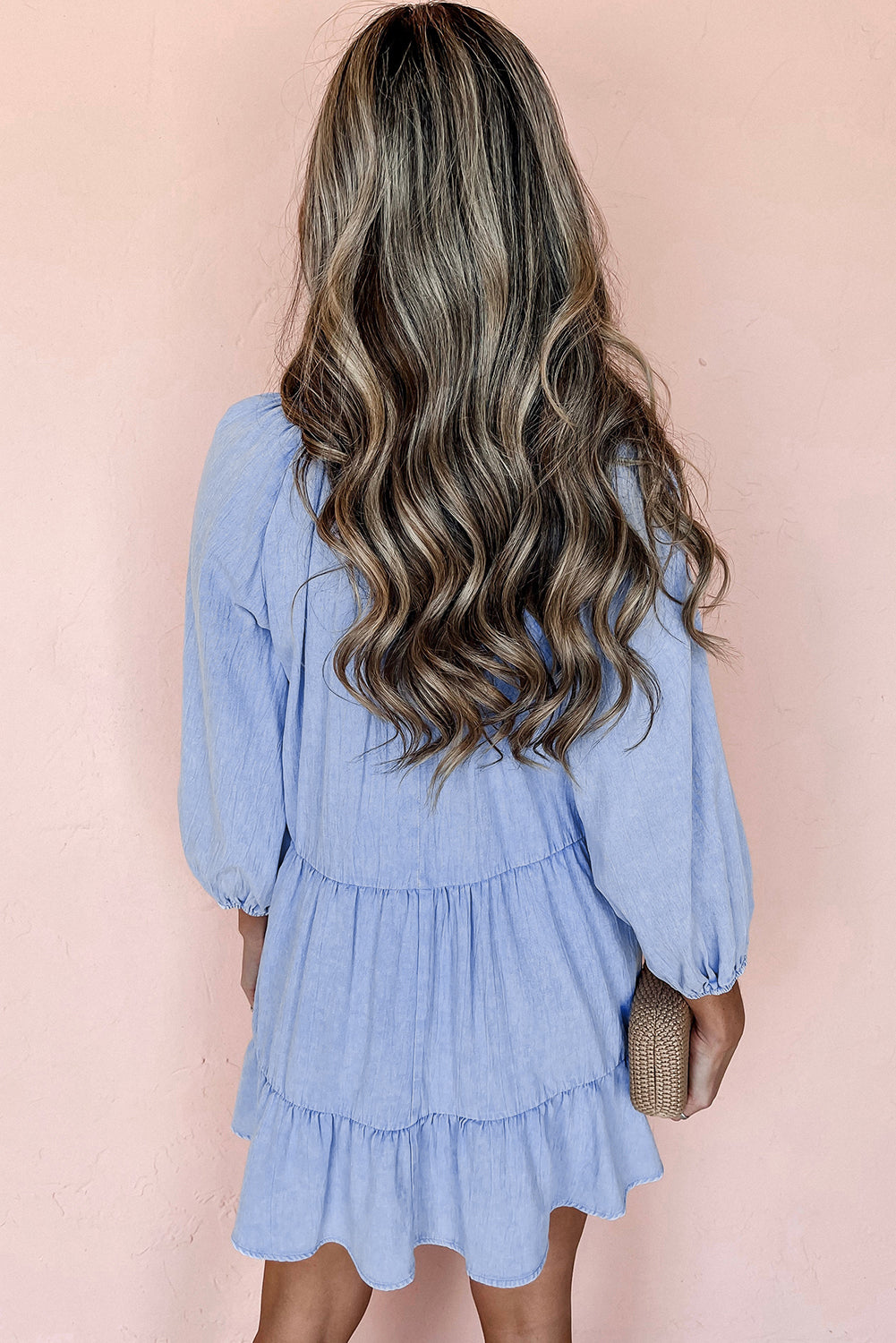 Black Puff Sleeve V Neck Tiered Ruffled Chambray Mini Dress