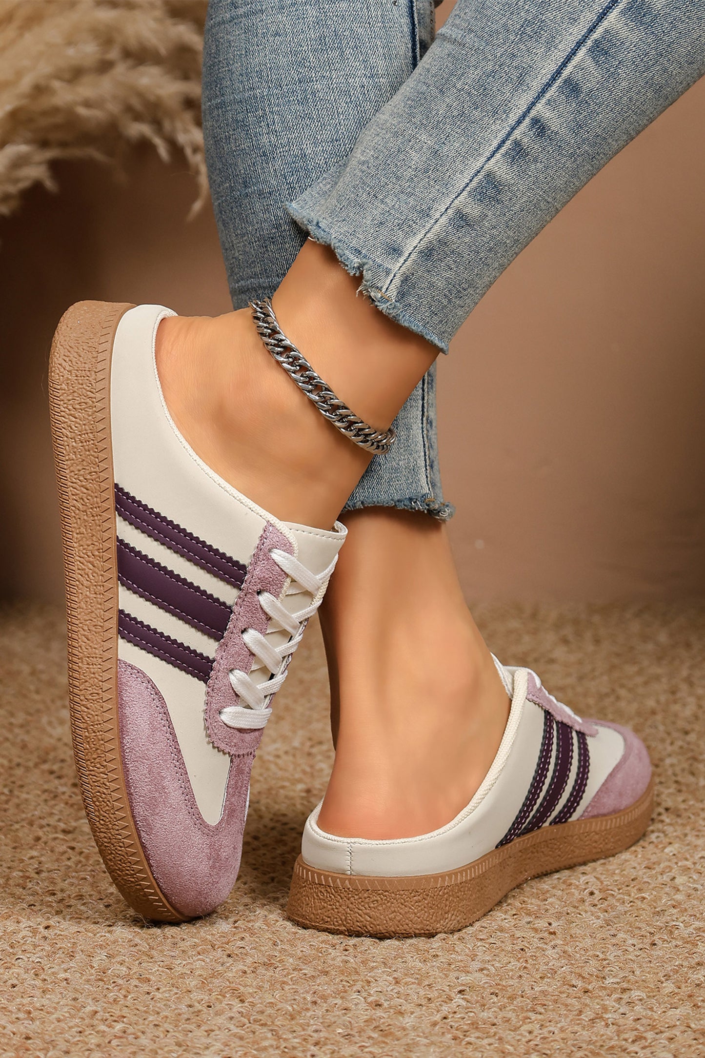 Color black PU Leather Color Block Varsity Lace Up Flat Shoes