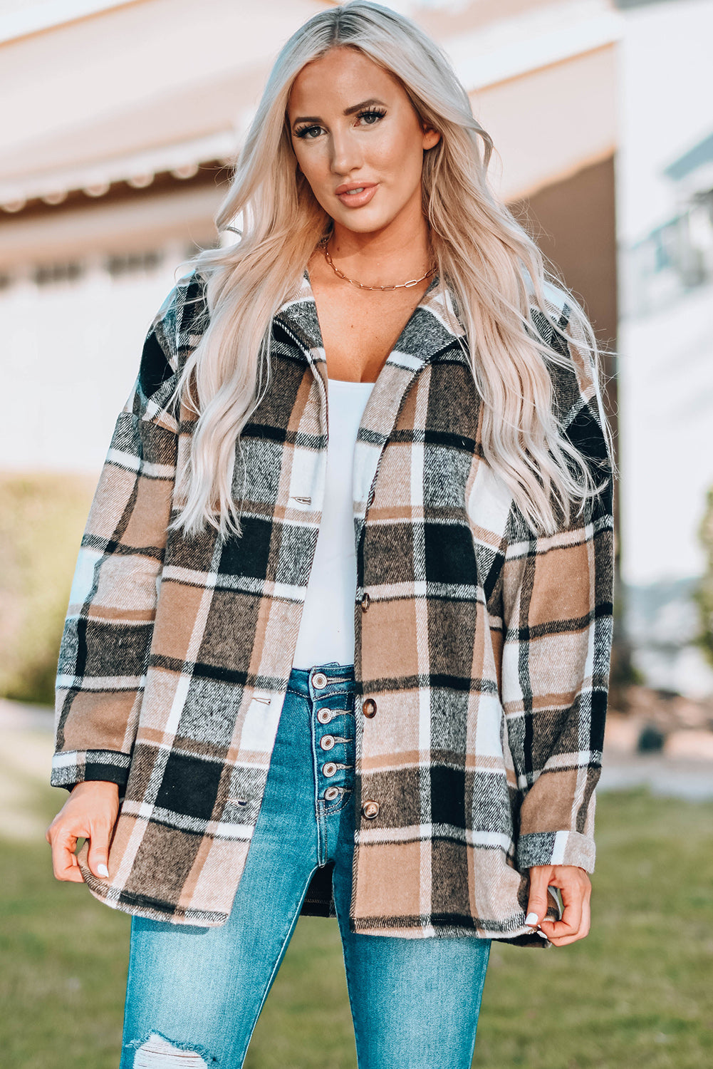 Orange Plaid Print Buttoned Shirt Jacket