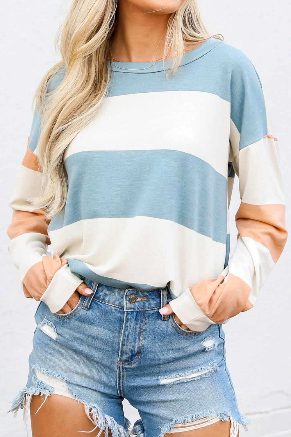 Light Pink Colorblock Striped Drop Shoulder Long Sleeve Top