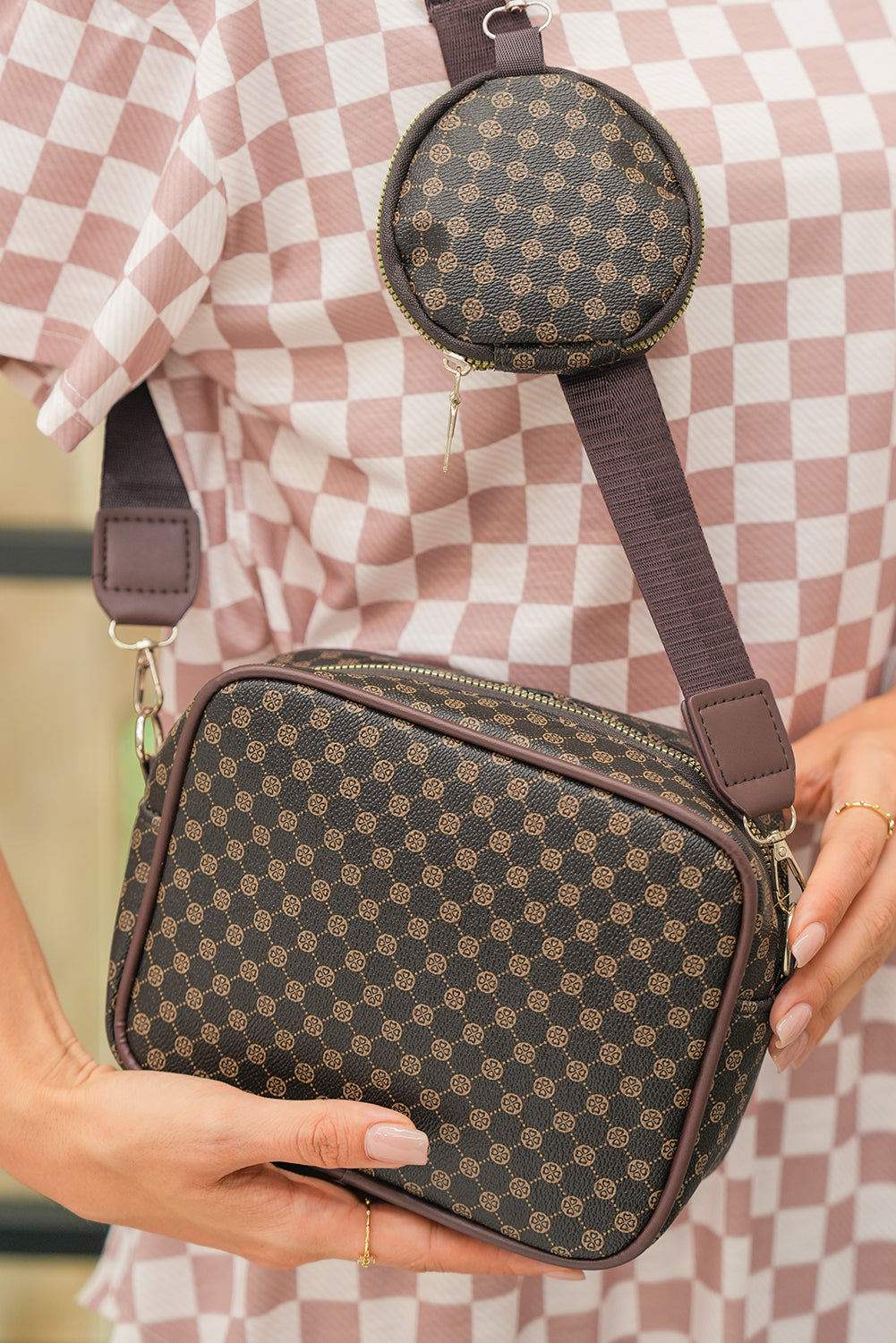 Coffee PU Leather Geometric Pattern Adjustable Strap Shoulder Bag with Wallet