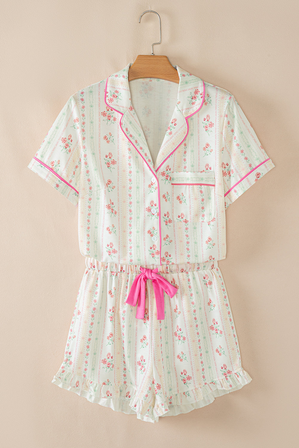 Pink Bow Print Contrast Pipping Short Pajamas Set