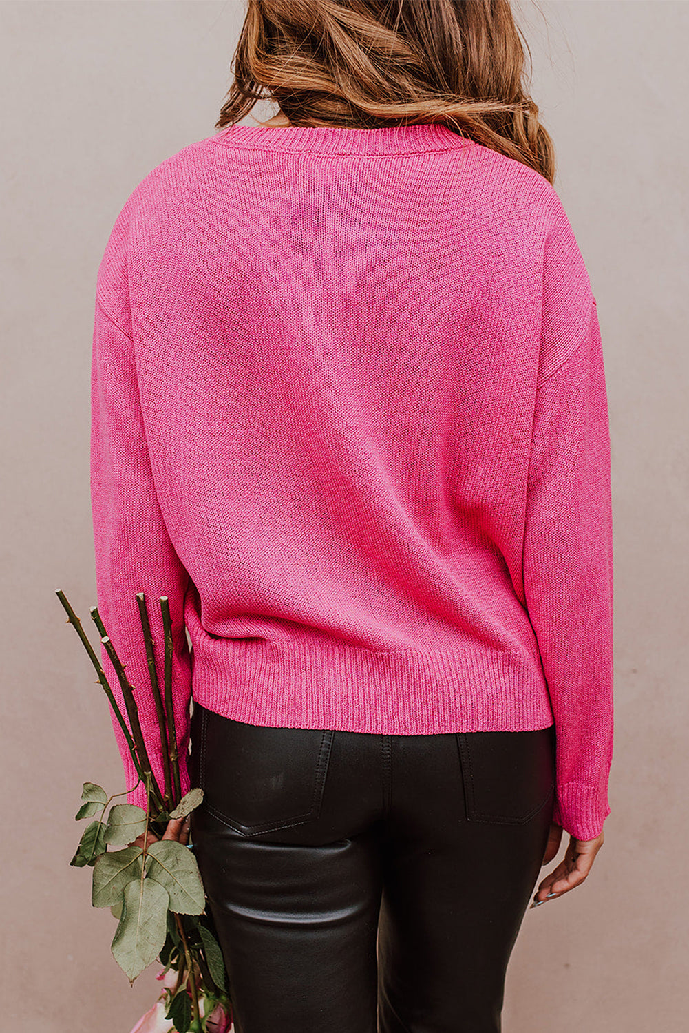 Rose Heart XOXO Pattern Drop Shoulder Rib Knit Sweater