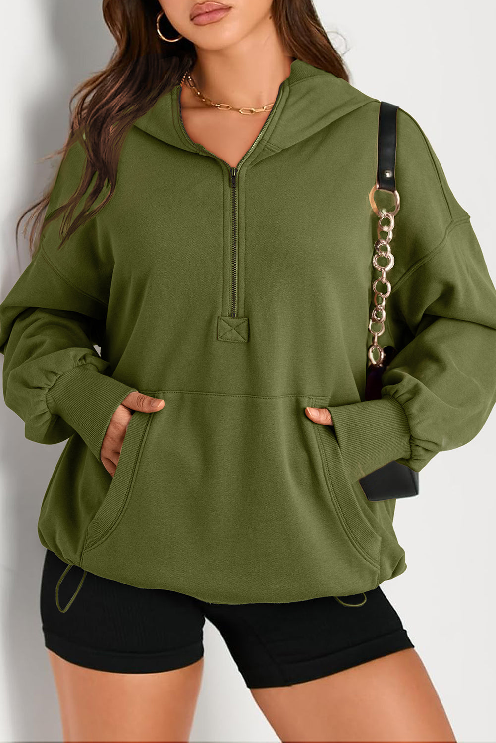 Valerian Solid Kangaroo Pocket Half Zipper Oversized Hoodie