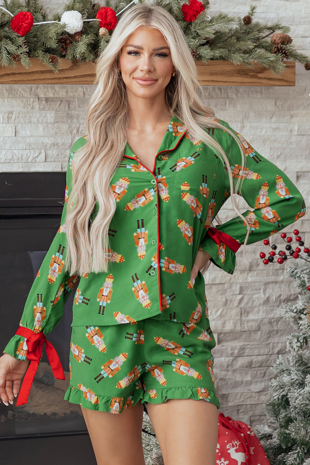 Pink Christmas Candy Contrast Trim Bow Knot Silky 2pcs Pajama Set