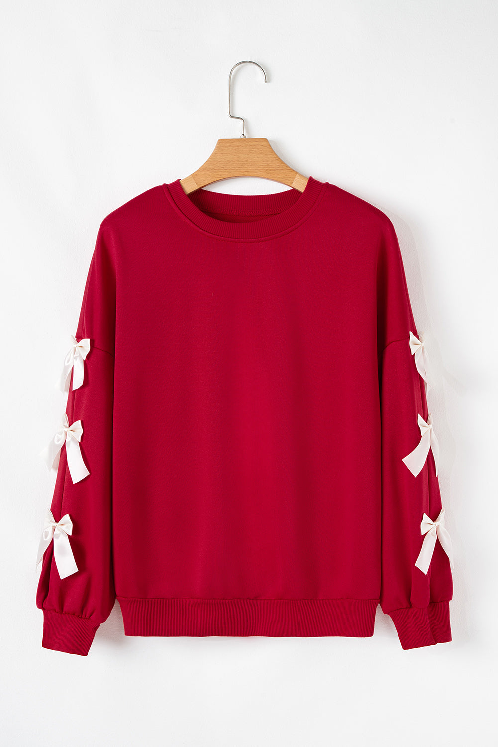 Fiery Red Contrast Bow Decor Dropped Sleeve Crewneck Sweatshirt