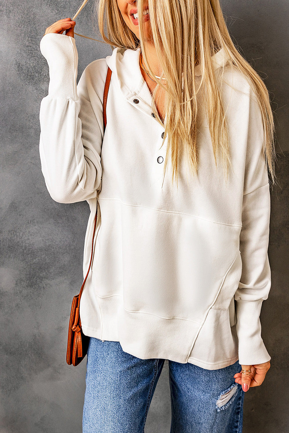 Orange Batwing Sleeve Pocketed Henley Hoodie