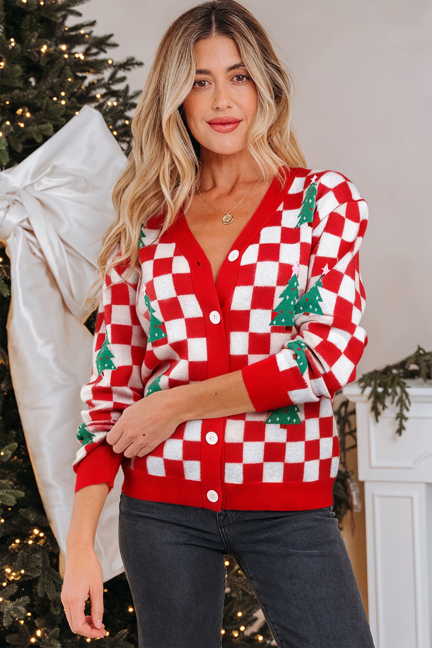 Red Checkered Christmas Tree Pattern Button V Neck Cardigan Sweater