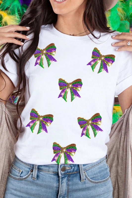 Black Sequin Mardi Gras Bow Graphic Crewneck Tee