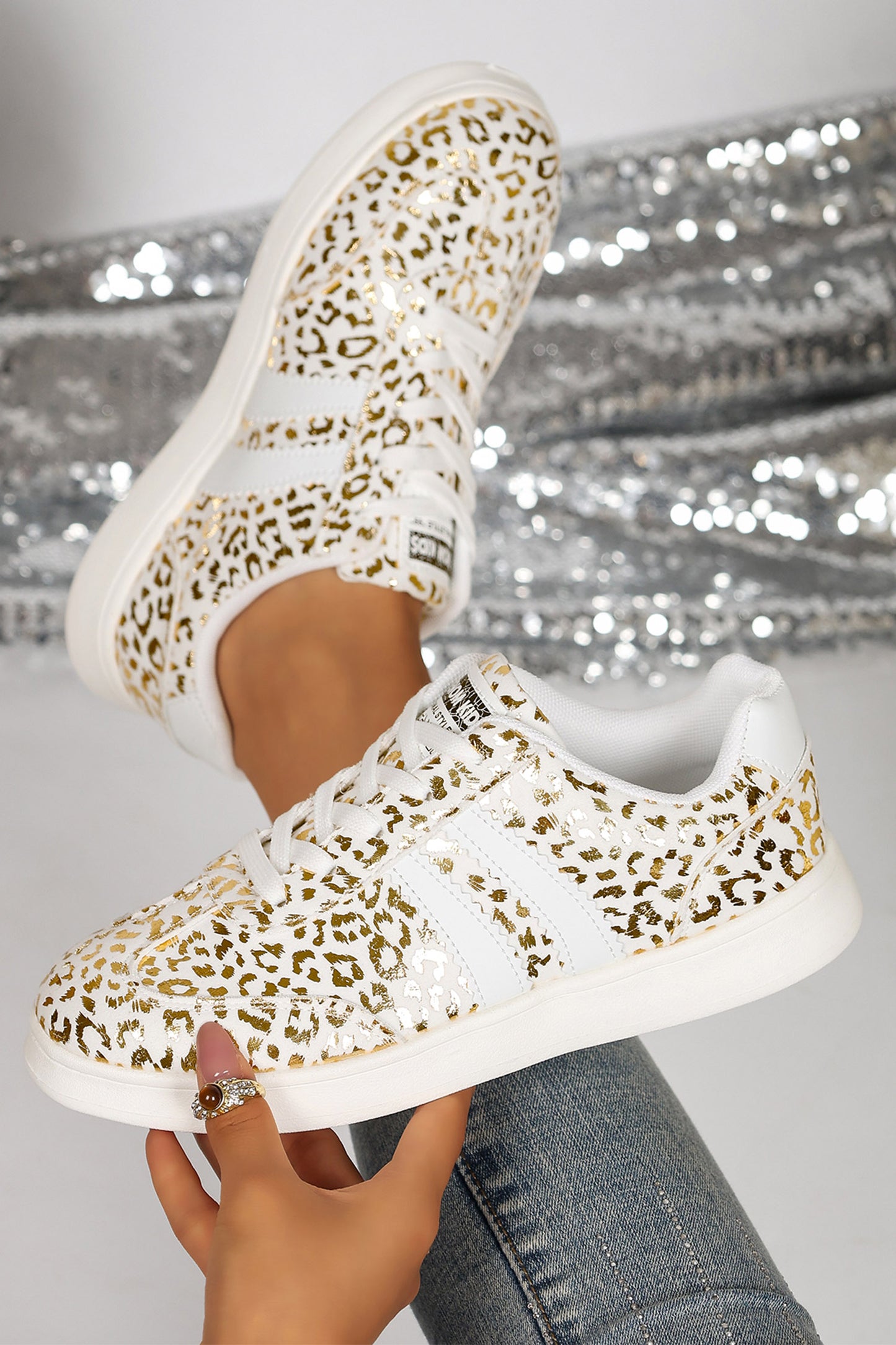 White Leopard Print PU Leather Detail Lace Up Casual Shoes