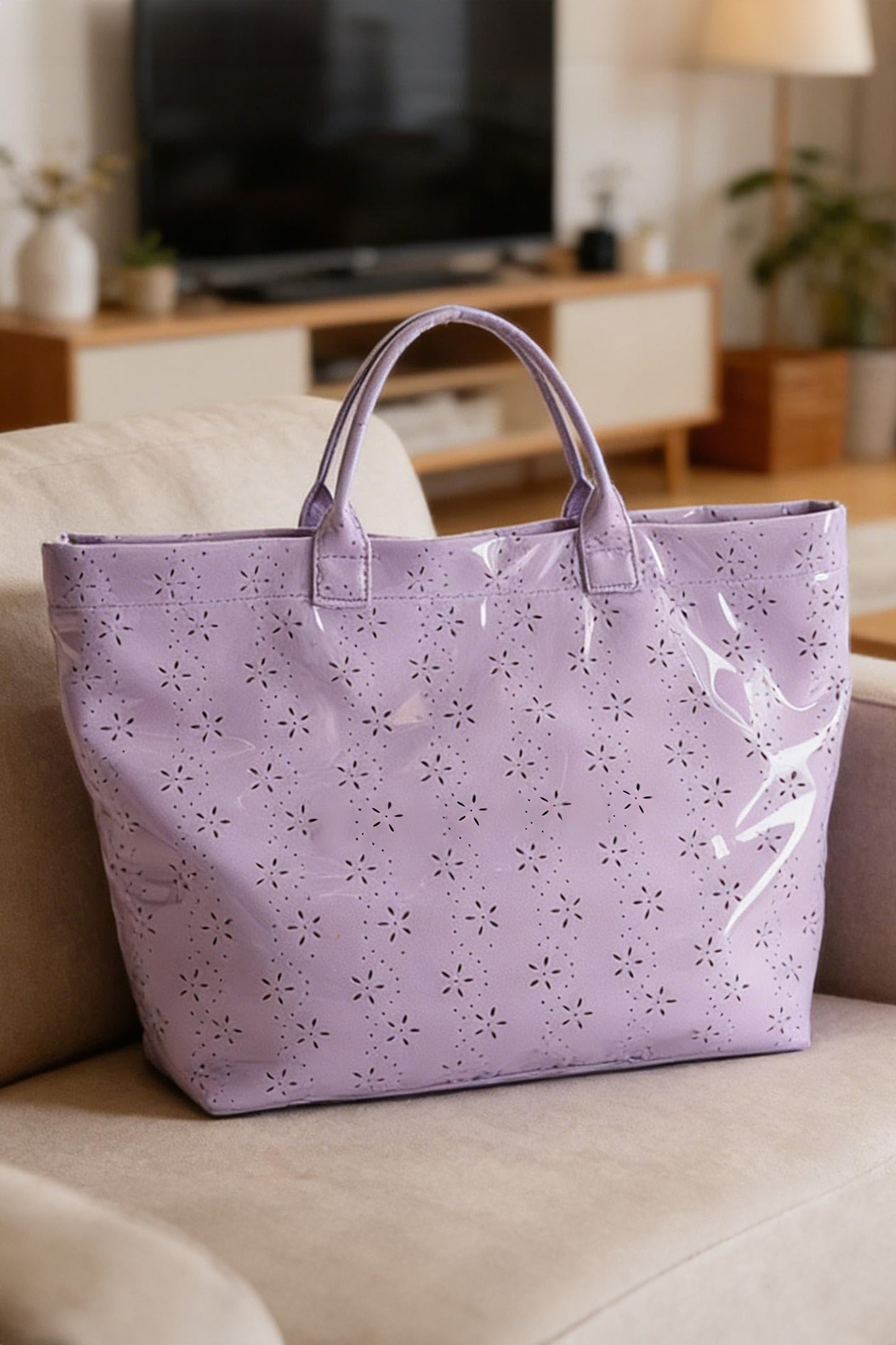 Fiery Red Plaid Pattern PVC Glossy Waterproof Tote Bag
