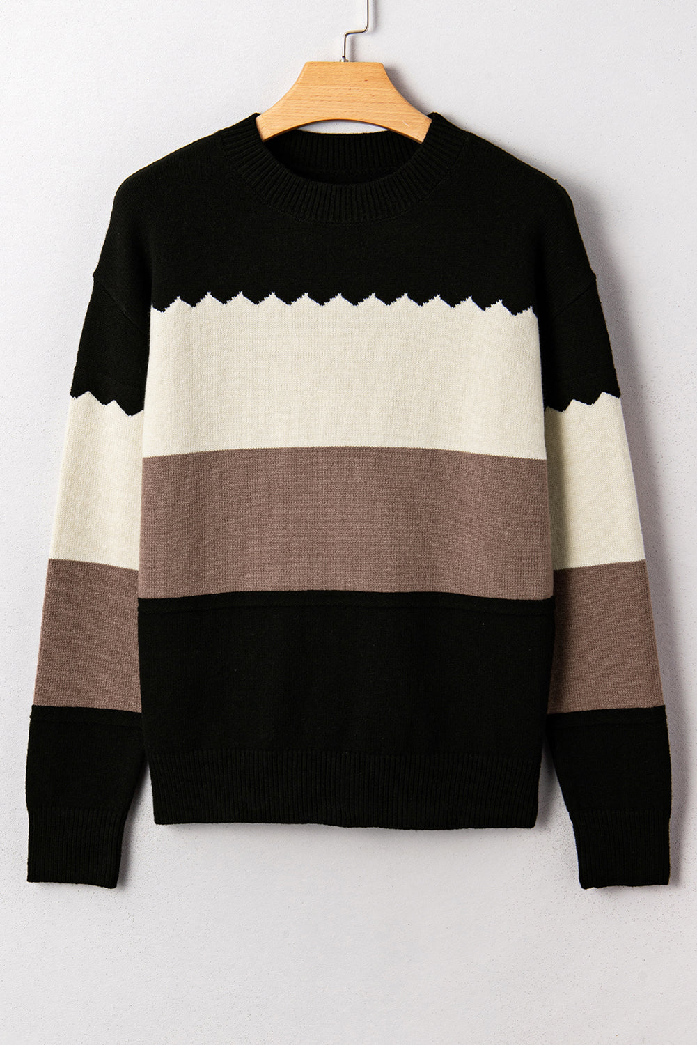 Brown Colorblock Crew Neck Drop Shoulder Sweater