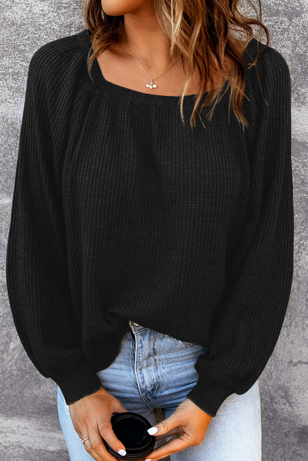 Green Scoop Neck Puff Sleeve Waffle Knit Top