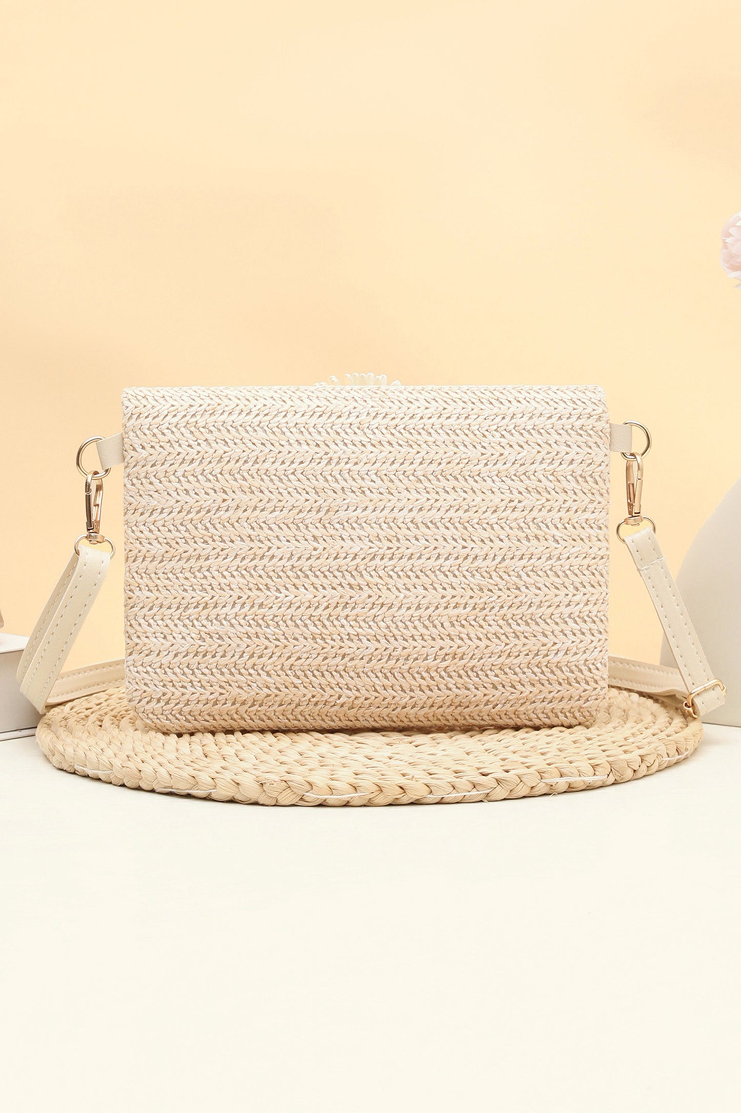 Pink Striped Straw Woven Zip Folded Magnetic Button Shoulder Bag