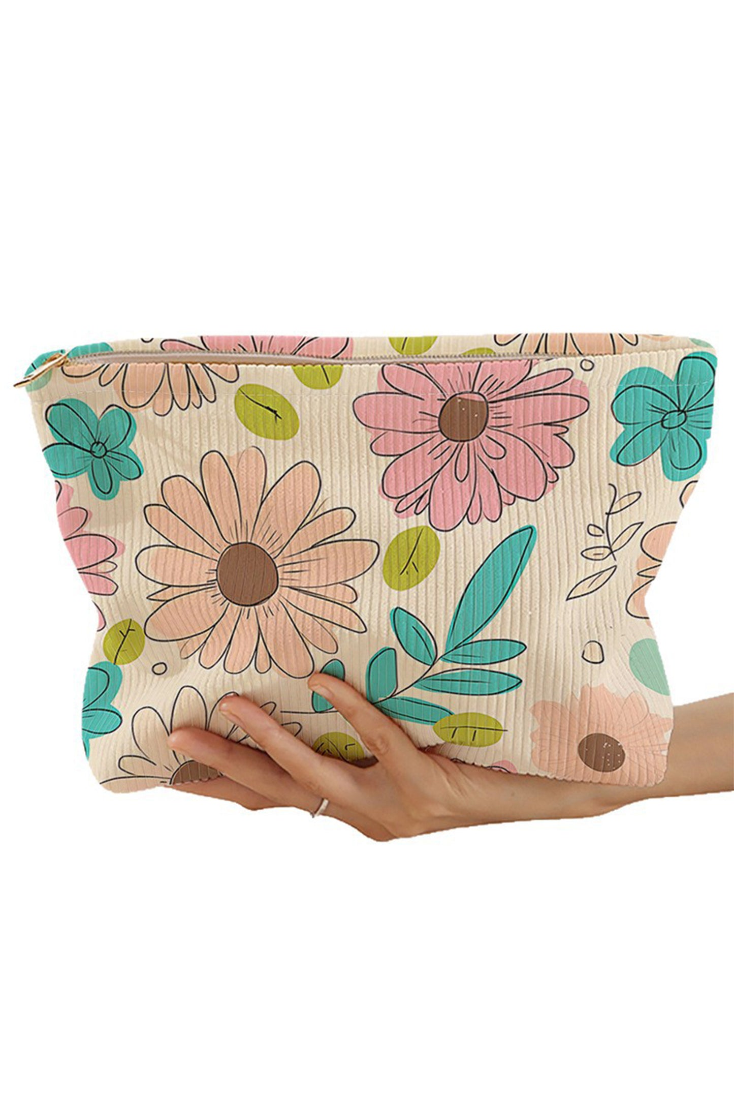White Floral Print Corduroy Makeup Bag