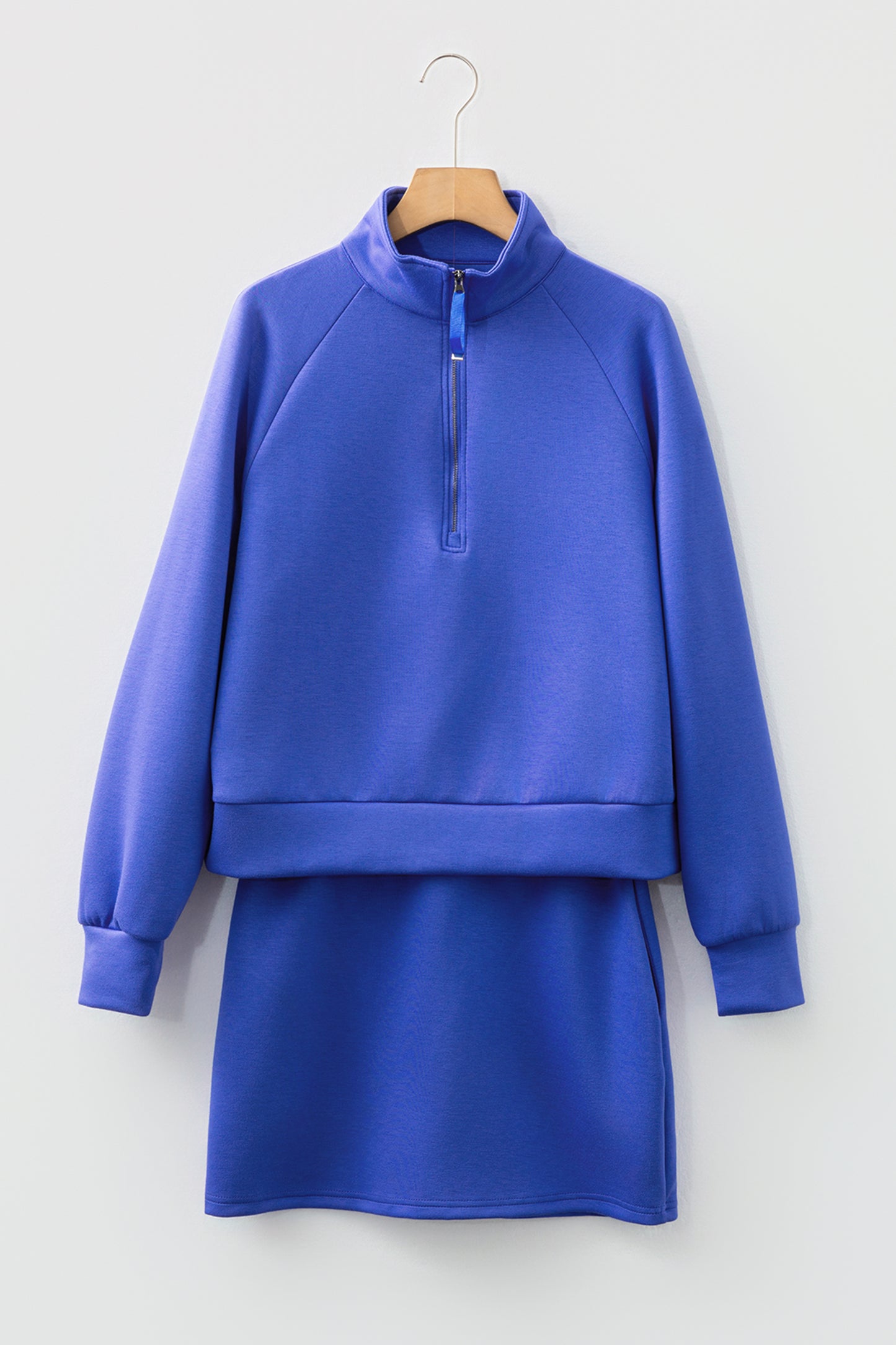 Dark Blue Half Zip Sporty Pullover Mini Skirt 2pcs Outfit