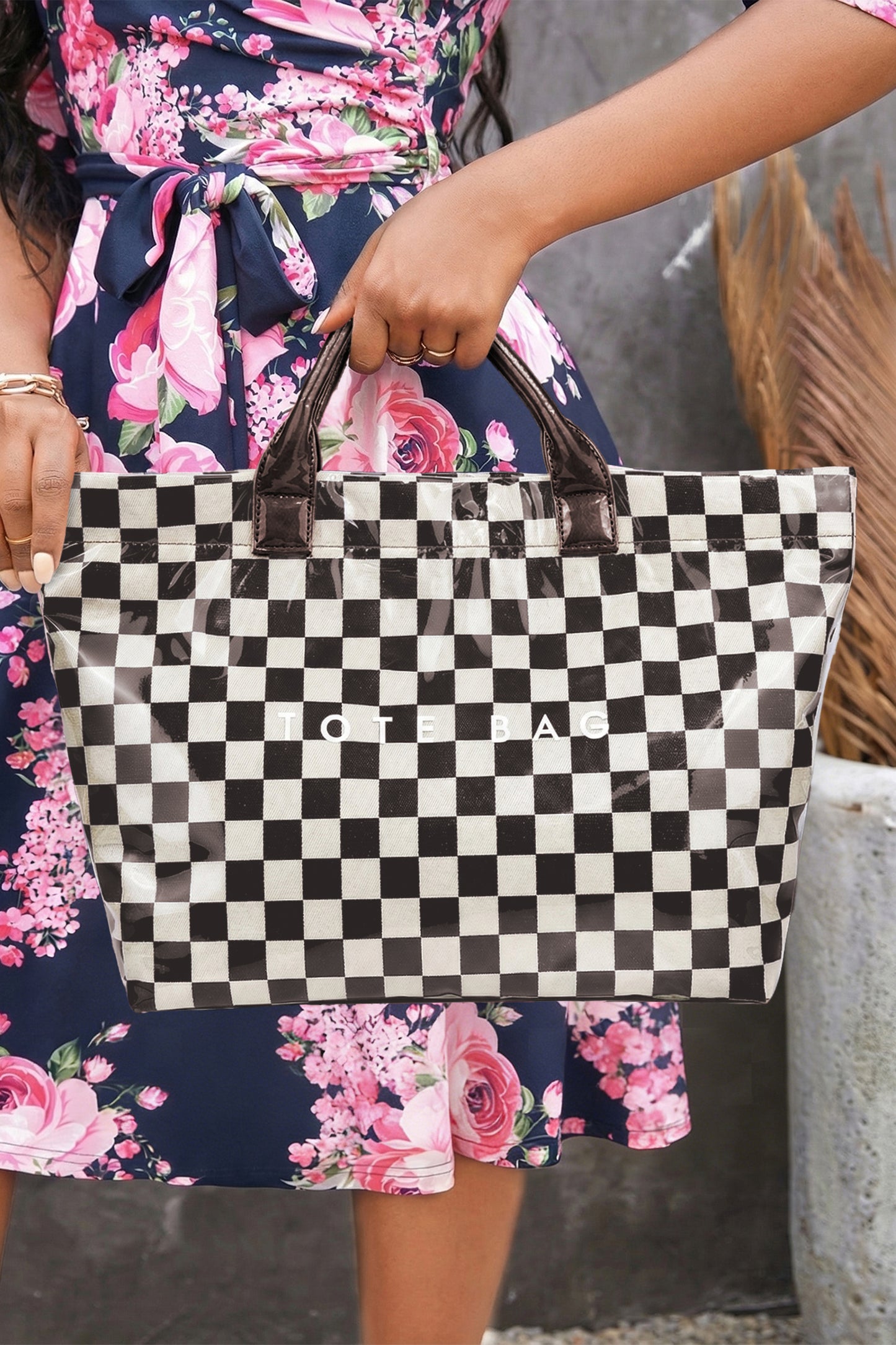 Color black Checkered Glossy PU Leather Tote Bag
