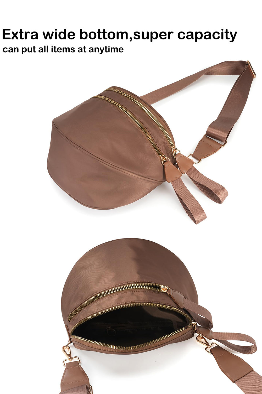 Color black Double Zip Crescent Shape Adjustable Sling Bag