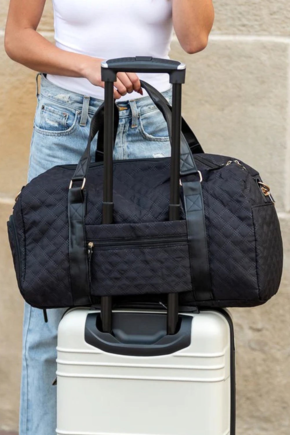 White Rhombus Textured Waterproof Travel Duffel Bag