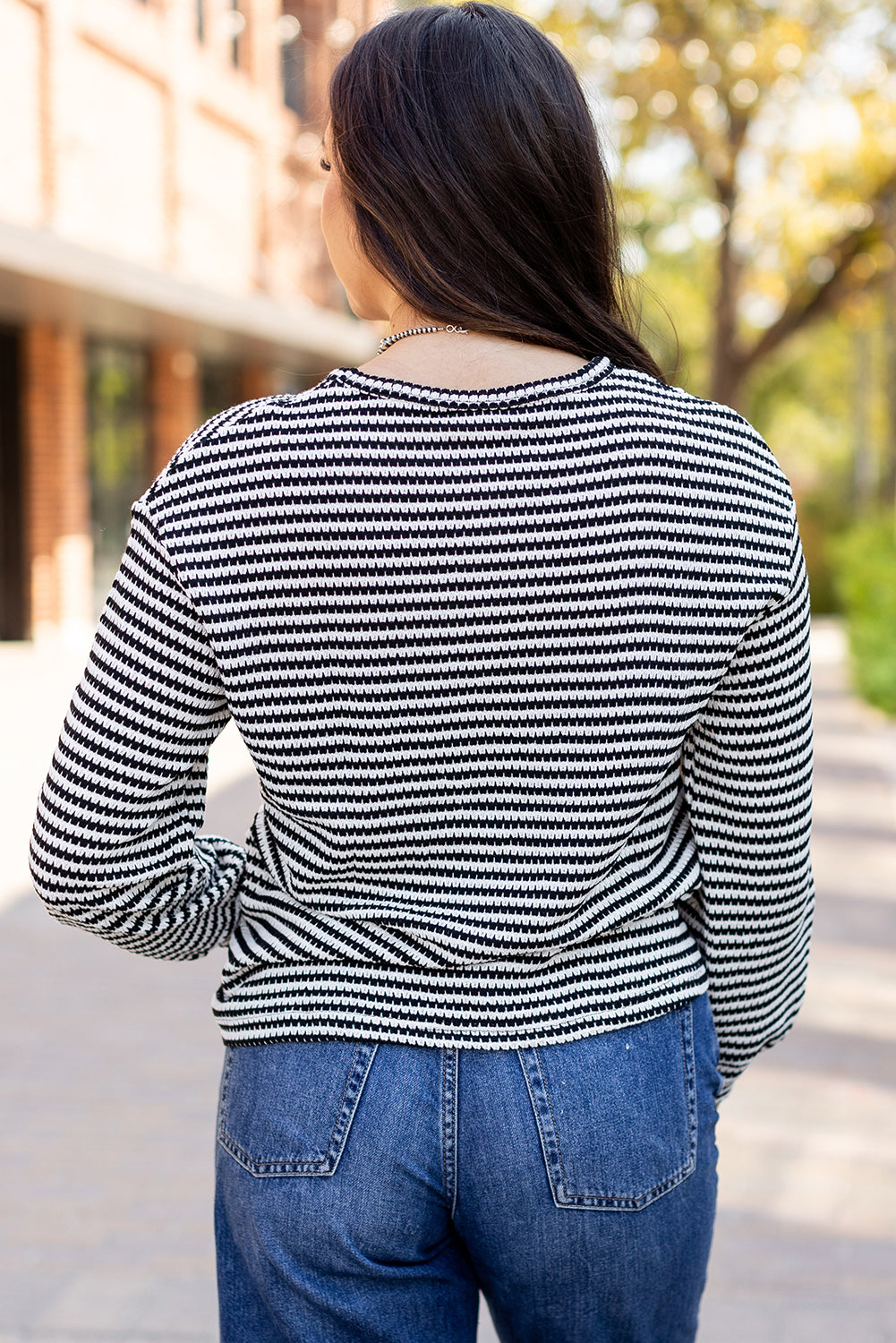 Khaki Stripe Round Neck Drop Shoulder Long Sleeve Top