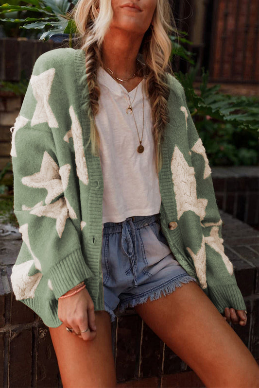 Green Sherpa Star Pattern Textured Sweater Cardigan with Pockets