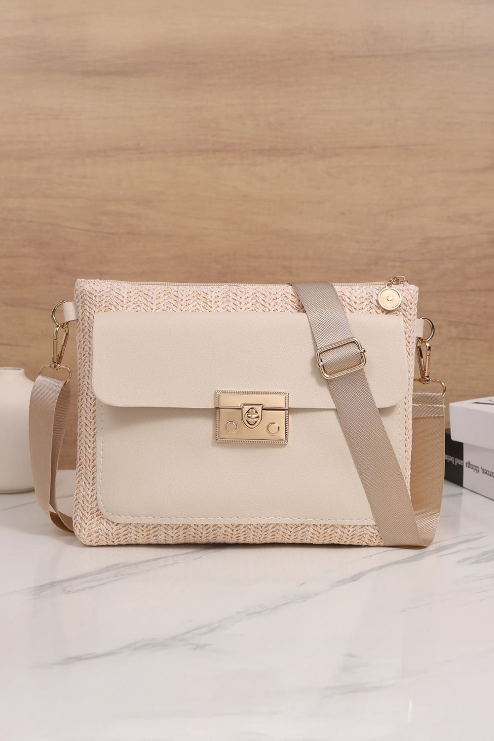 Thai Curry Leather Pocket Patchwork Straw Woven Shoulder Bag