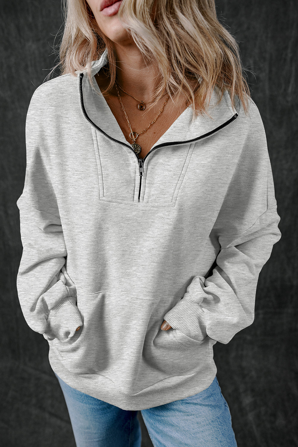 Bonbon Zip-up Stand Neck Kangaroo Pocket Sweatshirt