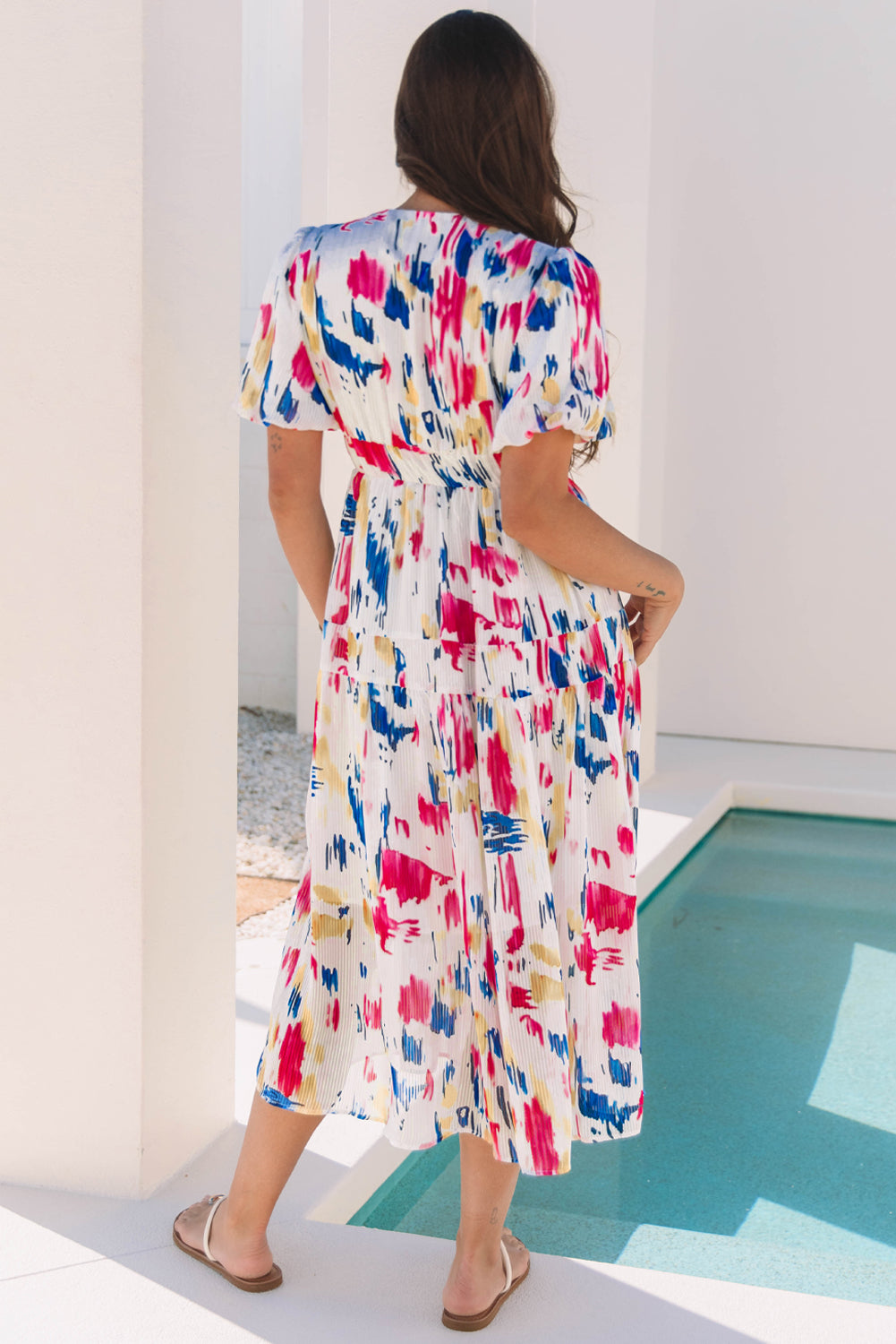 Rose Abstract Print Short Puff Sleeve Tiered Maxi Dress