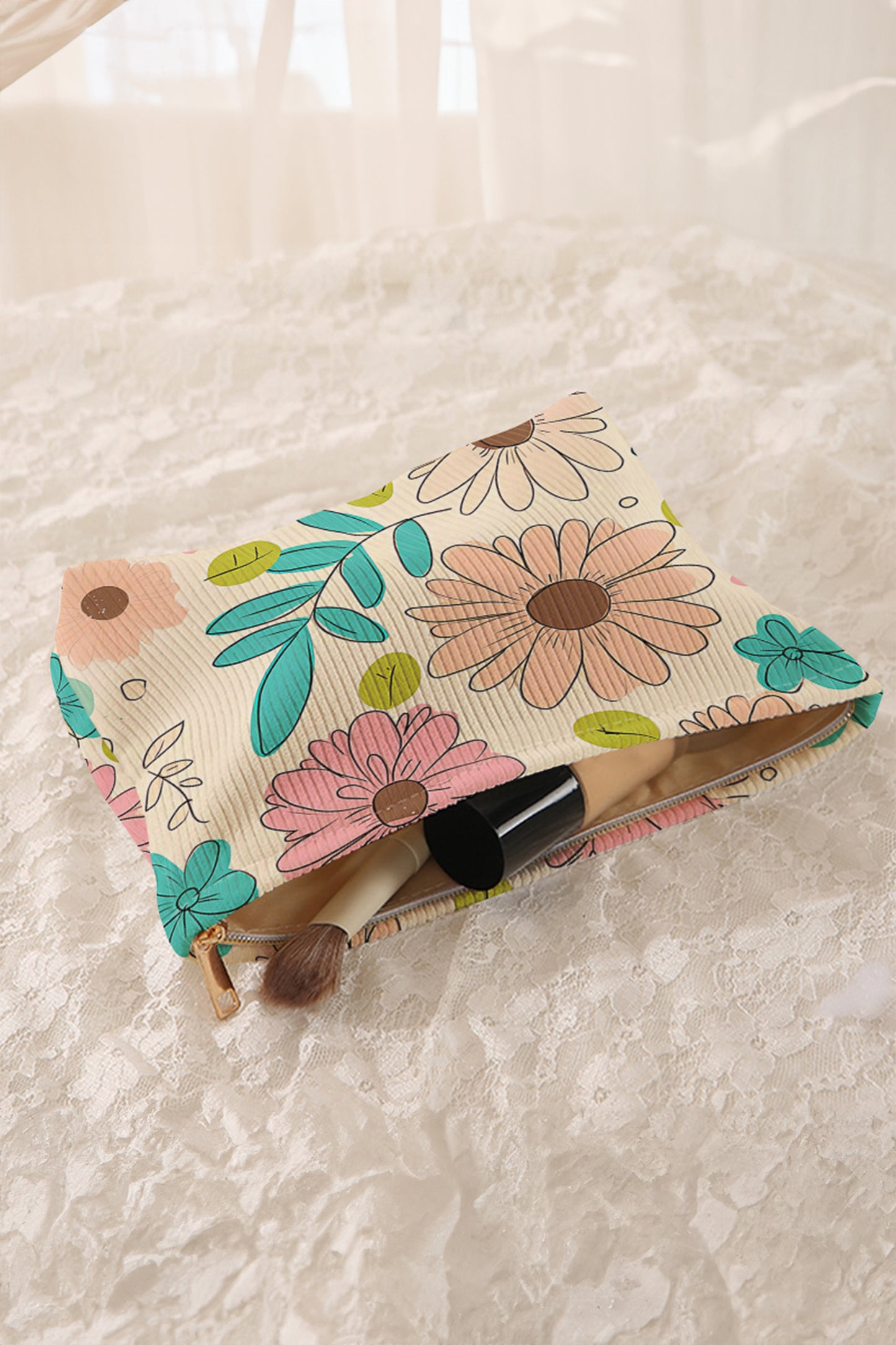 White Floral Print Corduroy Makeup Bag